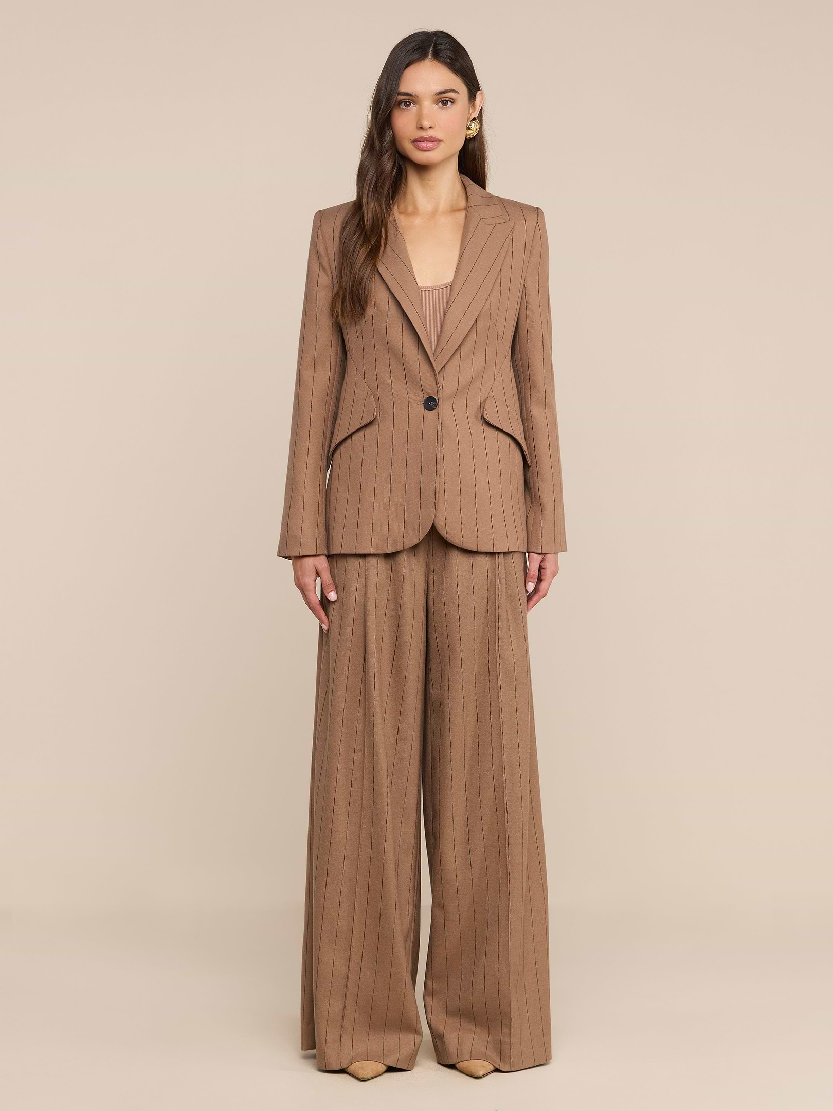 Connie Drawstring Trouser in Mocha Tan/Brown Pinstripe | L'AGENCE