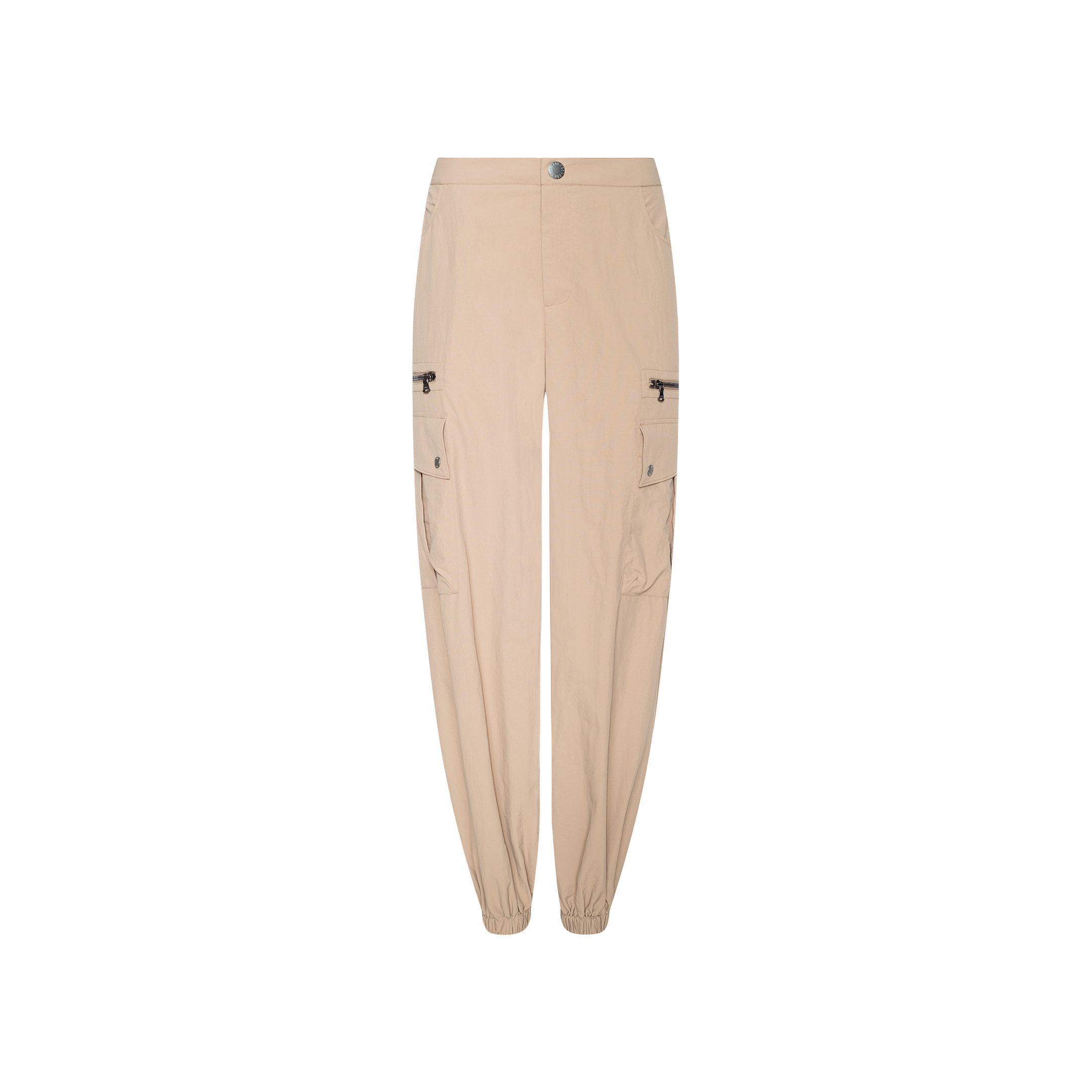 The Greer Nylon Jogger features a modern jogger silhouette in beige, complete with elastic cuffs, zippered side pockets, classic cargo pockets, and a button closure at the waist, showcased against a plain white background.