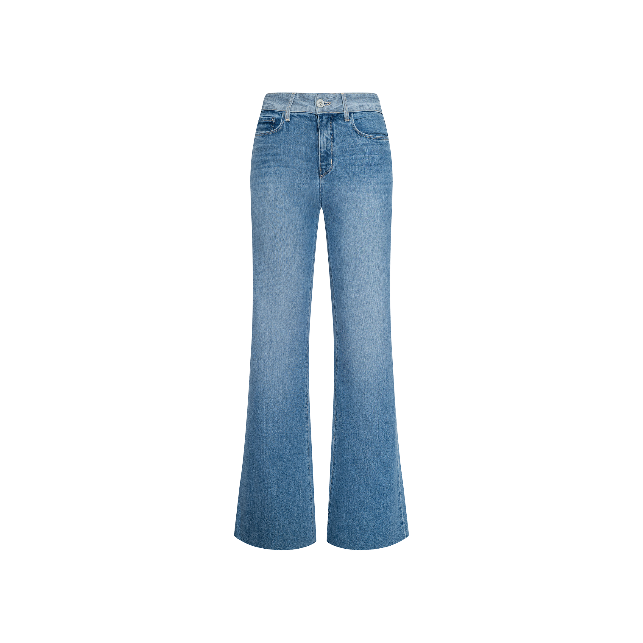 The Louane Wide-Leg Flare Jean is crafted from stretch denim in a light blue wash, featuring a high-rise waist, front pockets, wide-leg silhouette, and button closure, displayed on a white background.