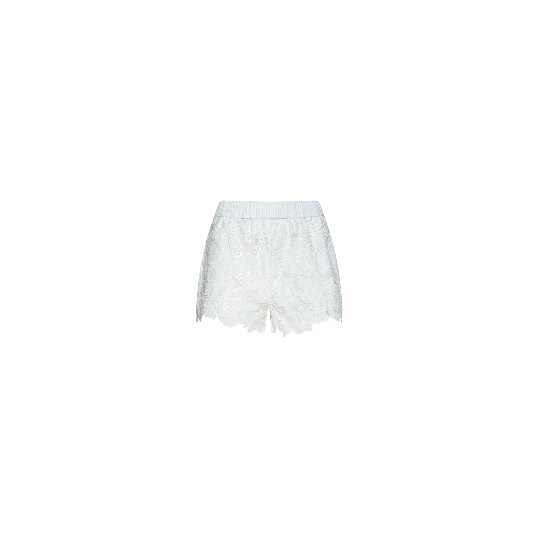 Laina Eyelet Short: Lightweight white shorts with an elastic waistband, featuring a delicate eyelet lace floral pattern and scalloped hem, displayed against a plain white background. Ideal for beachwear.
