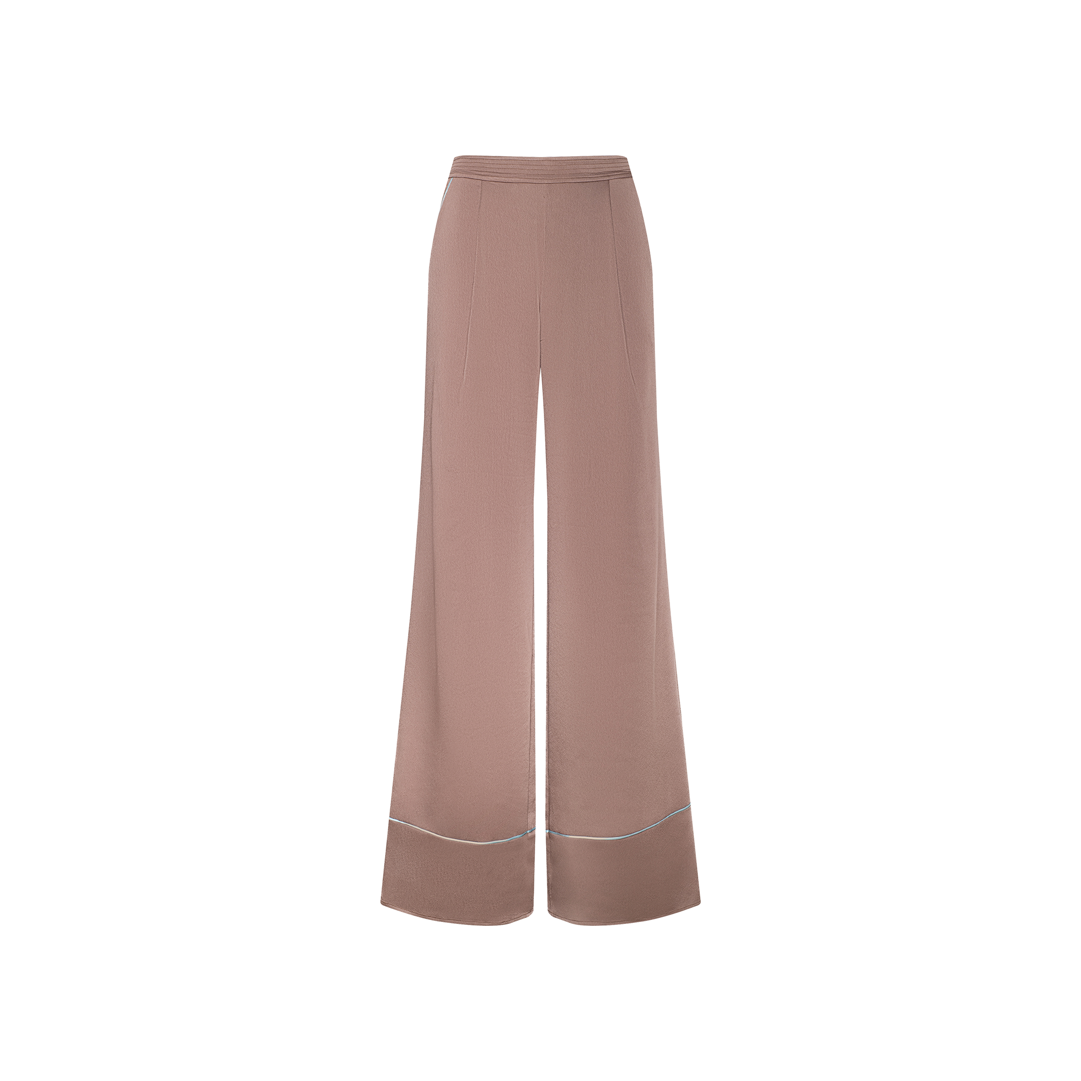 The Tavia Satin Trouser features a high-waisted, wide-leg silhouette in light brown satin, detailed with a subtle front crease and faint white trim near the hem, shown against a white background for an effortlessly chic look.
