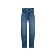 The Bex Studded Rodeo Jean is a high rise, blue straight-leg style with classic pockets and a button fly, featuring small, evenly spaced studded embellishments on the front denim. Displayed on a plain white background.