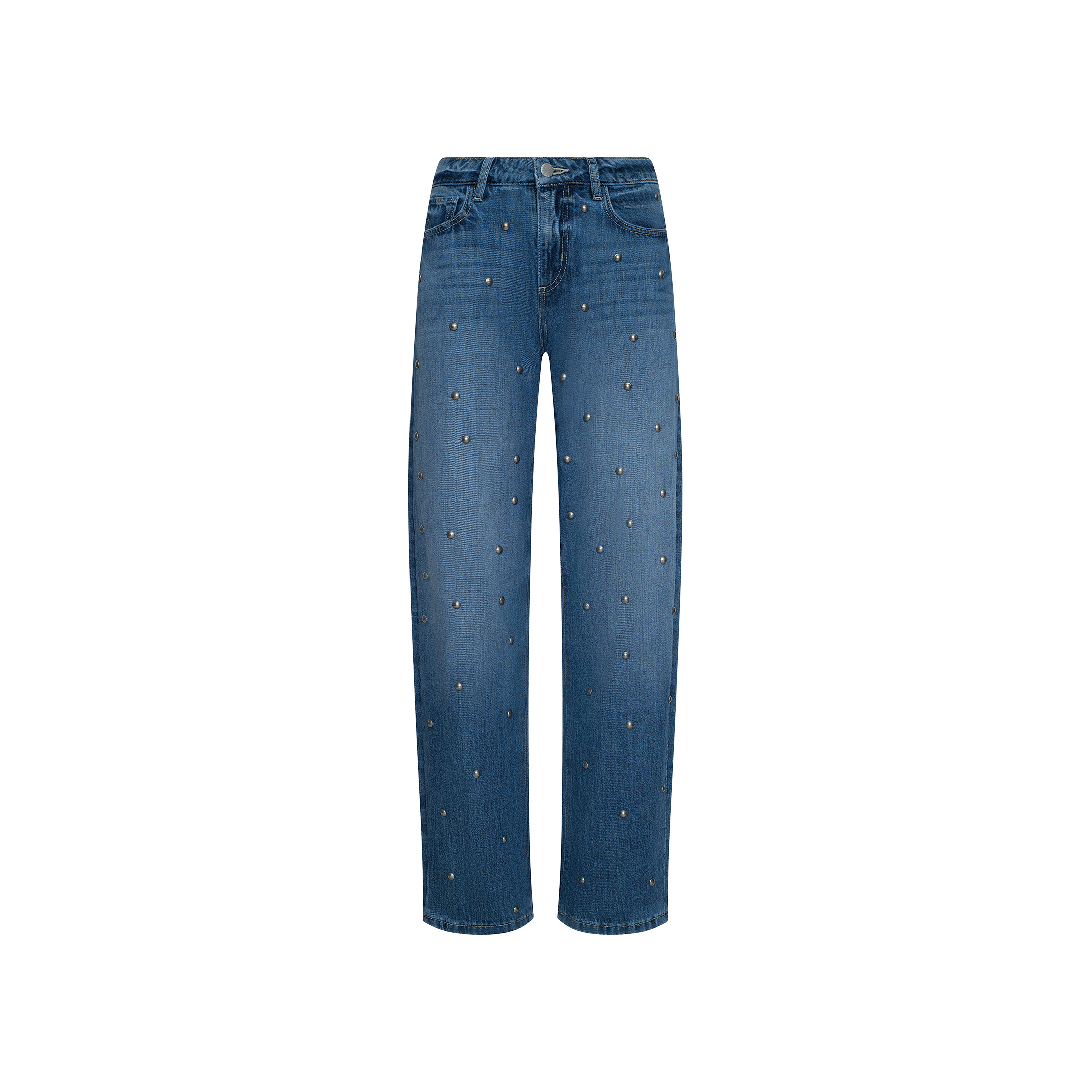 The Bex Studded Rodeo Jean is a high rise, blue straight-leg style with classic pockets and a button fly, featuring small, evenly spaced studded embellishments on the front denim. Displayed on a plain white background.