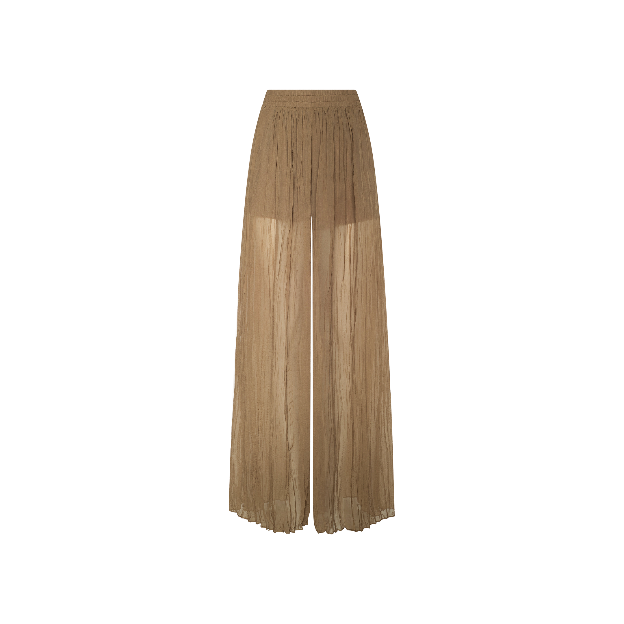 The Ethel Pleated Pant is a sheer, high-waisted, wide-leg vacation style in brown featuring an elastic waistband. Crafted from lightweight, flowy crinkle chiffon fabric, these pants offer partial transparency along the legs.