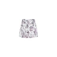 The Sylie Short is a pair of white high-waisted pull-on shorts with a purple and black floral print, featuring an elasticized waistband, displayed on a plain white background.