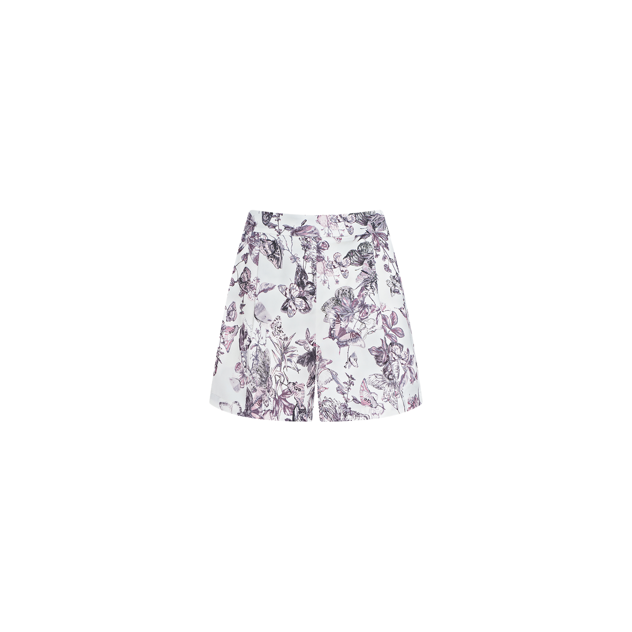 The Sylie Short is a pair of white high-waisted pull-on shorts with a purple and black floral print, featuring an elasticized waistband, displayed on a plain white background.