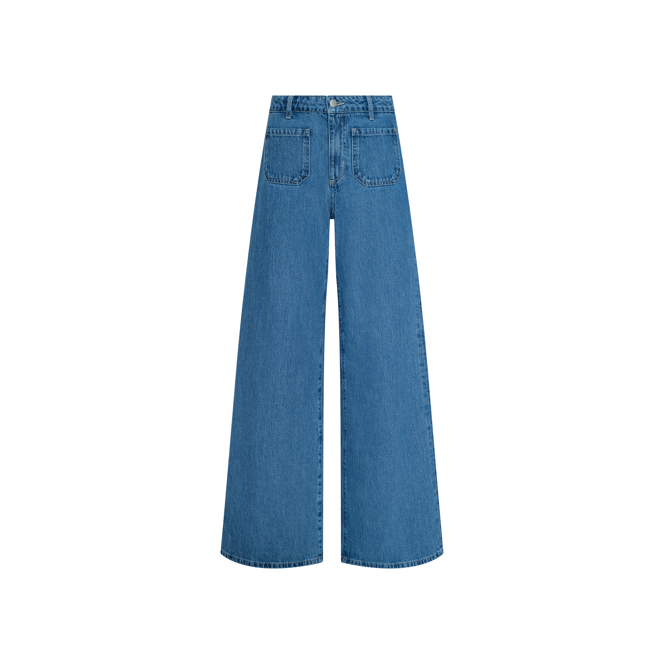 The Delcan Wide-Leg Jean, crafted from blue all-cotton denim, features a high rise, front and back pockets, and a button closure, and is displayed on a plain white background.