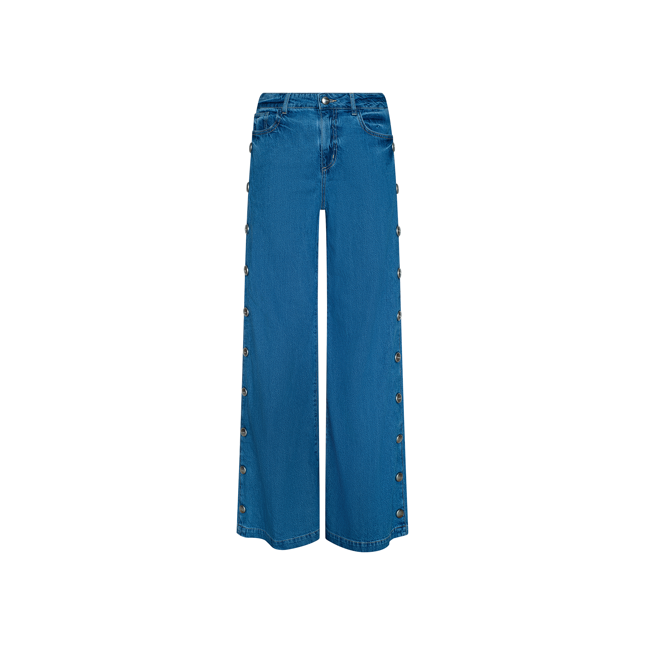 Introducing the Jennings Snap Wide-Leg Jean: crafted from blue featherweight denim, these high-rise jeans showcase button details along the outer side seams. They feature front pockets and a classic waistband with both button and zipper closure.