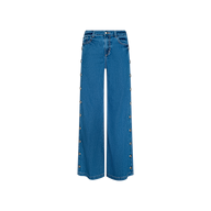 Introducing the Jennings Snap Wide-Leg Jean: crafted from blue featherweight denim, these high-rise jeans showcase button details along the outer side seams. They feature front pockets and a classic waistband with both button and zipper closure.