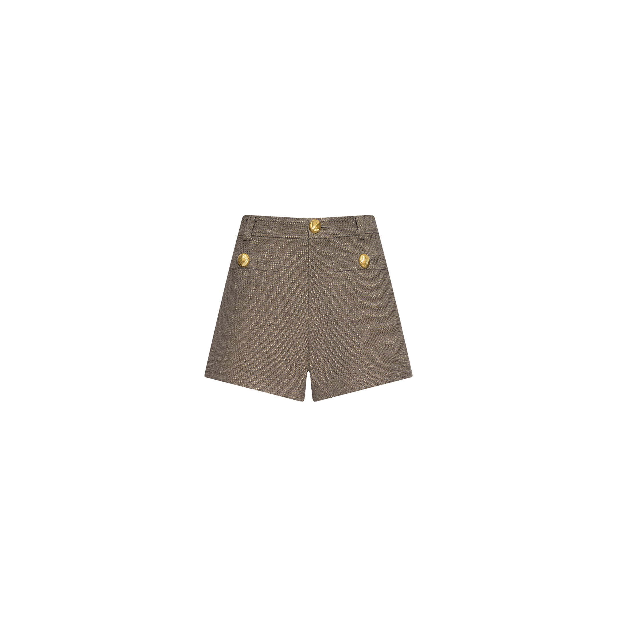 The Dionne Tweed Short is a high-rise, textured khaki tweed style featuring two gold buttons at the waist and two gold buttons on the side pockets, displayed against a plain white background.