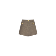 The Dionne Tweed Short is a high-rise, textured khaki tweed style featuring two gold buttons at the waist and two gold buttons on the side pockets, displayed against a plain white background.