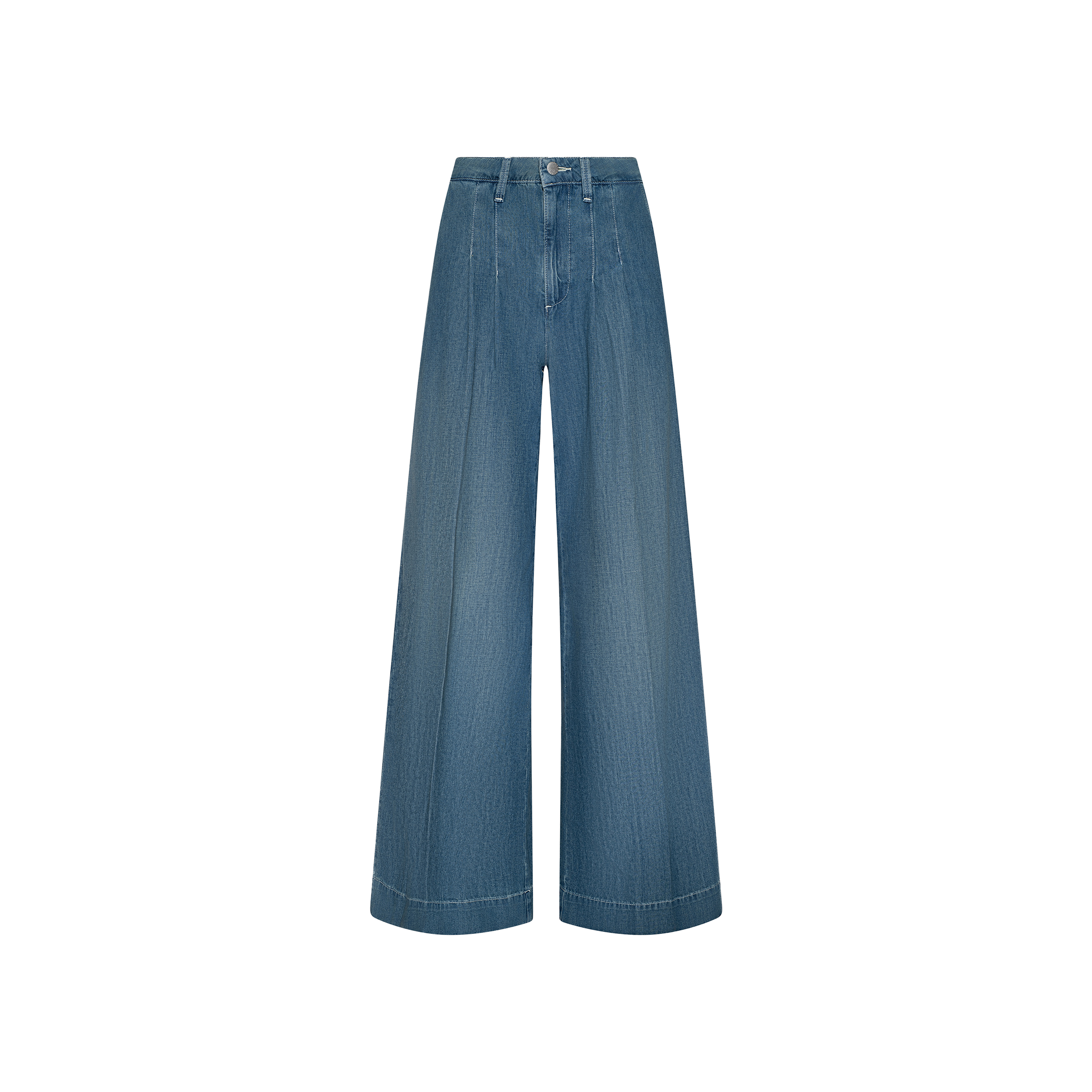 The Jayani Pleated Wide-Leg Jean is crafted from featherweight denim with a high-rise, wide-leg silhouette, featuring visible front seams and a front button and zipper closure, displayed on a plain white background.