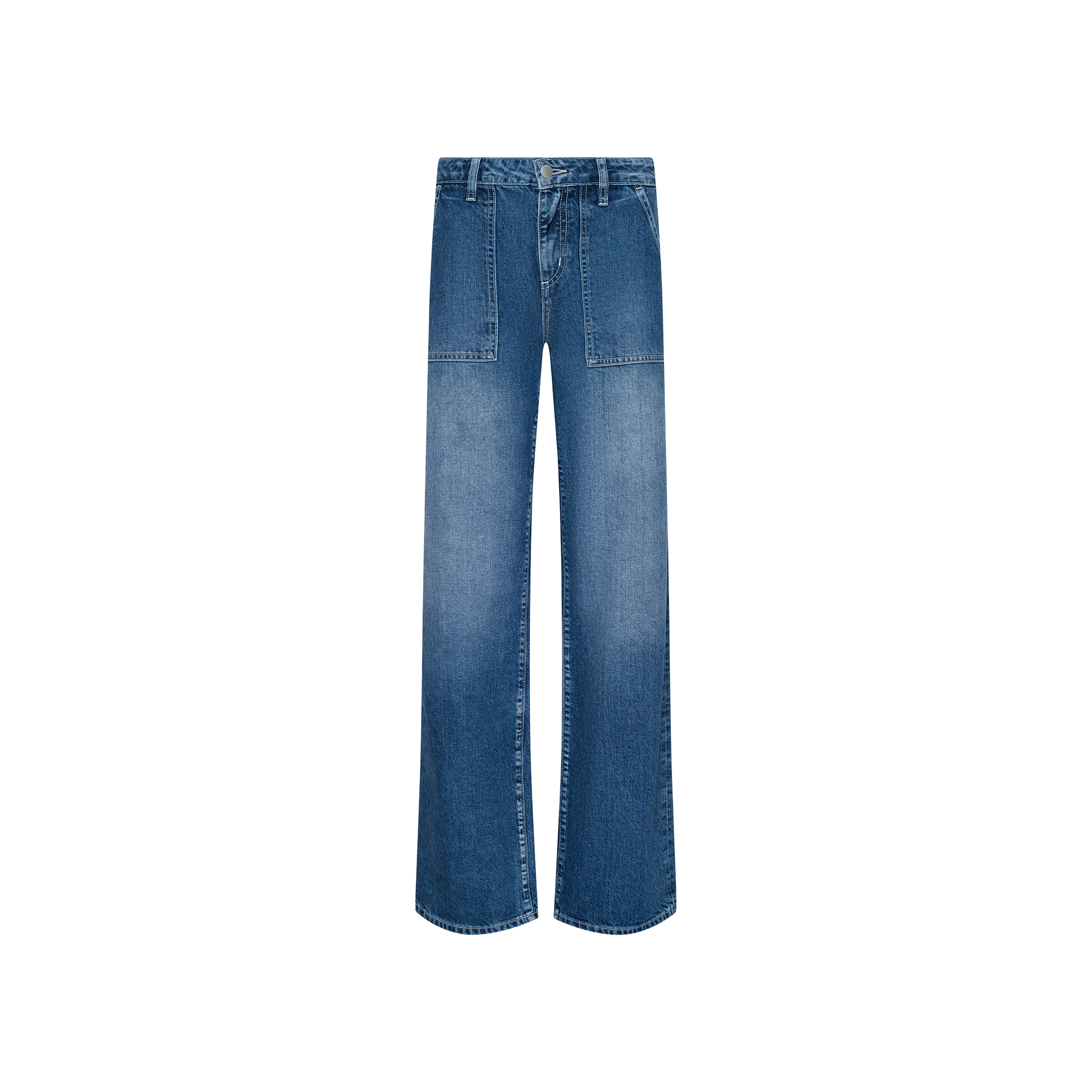 The Christel Wide-Leg Jean features a wide-leg cut in blue denim with a high-rise waist, front button and zip closure, and patch front pockets, shown on a plain white background.