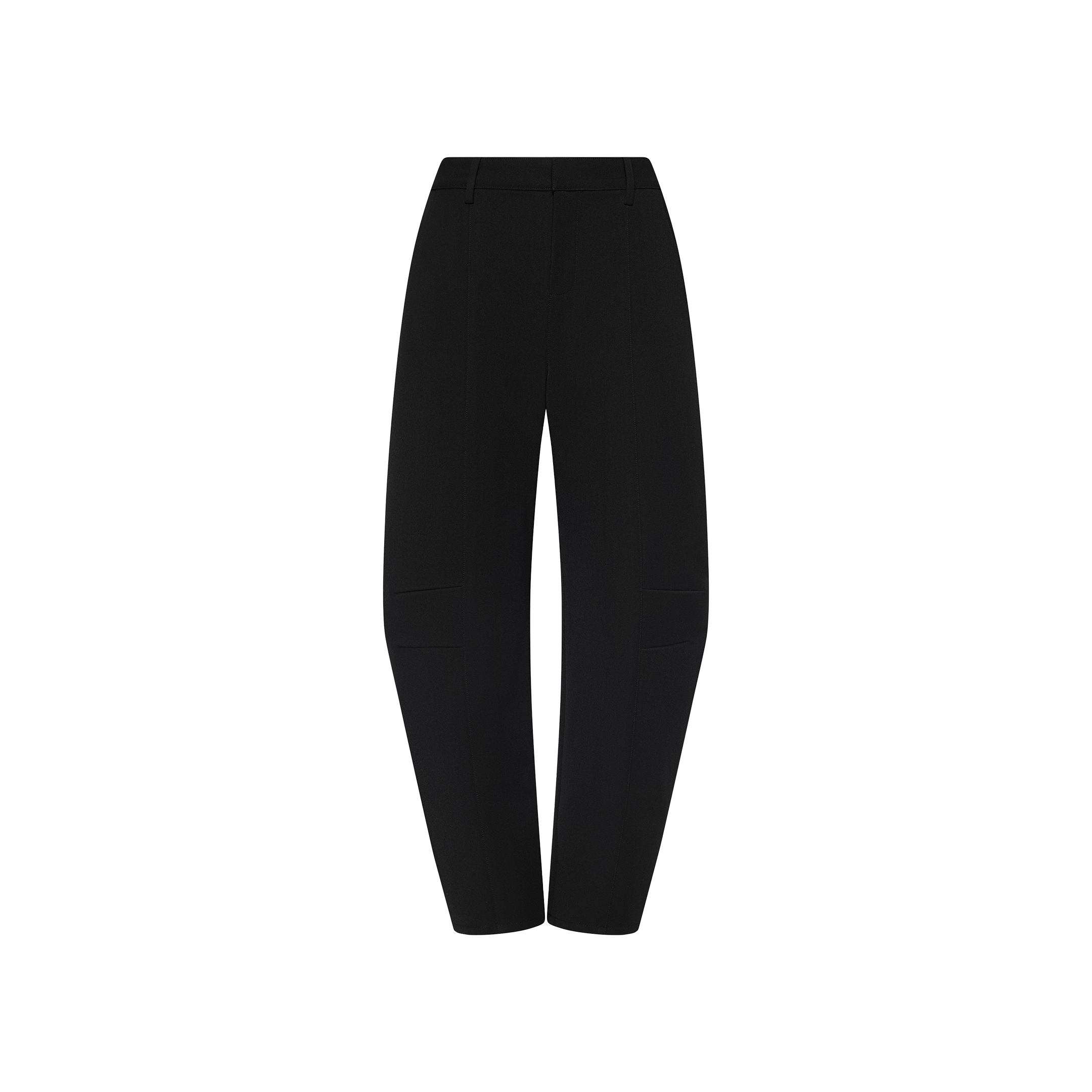 The Colby Barrel-Leg Trouser is a black, high-waisted straight-leg design displayed on a plain white background. These power suit pants offer a tailored fit with belt loops, a flat front, and no visible pockets or embellishments.