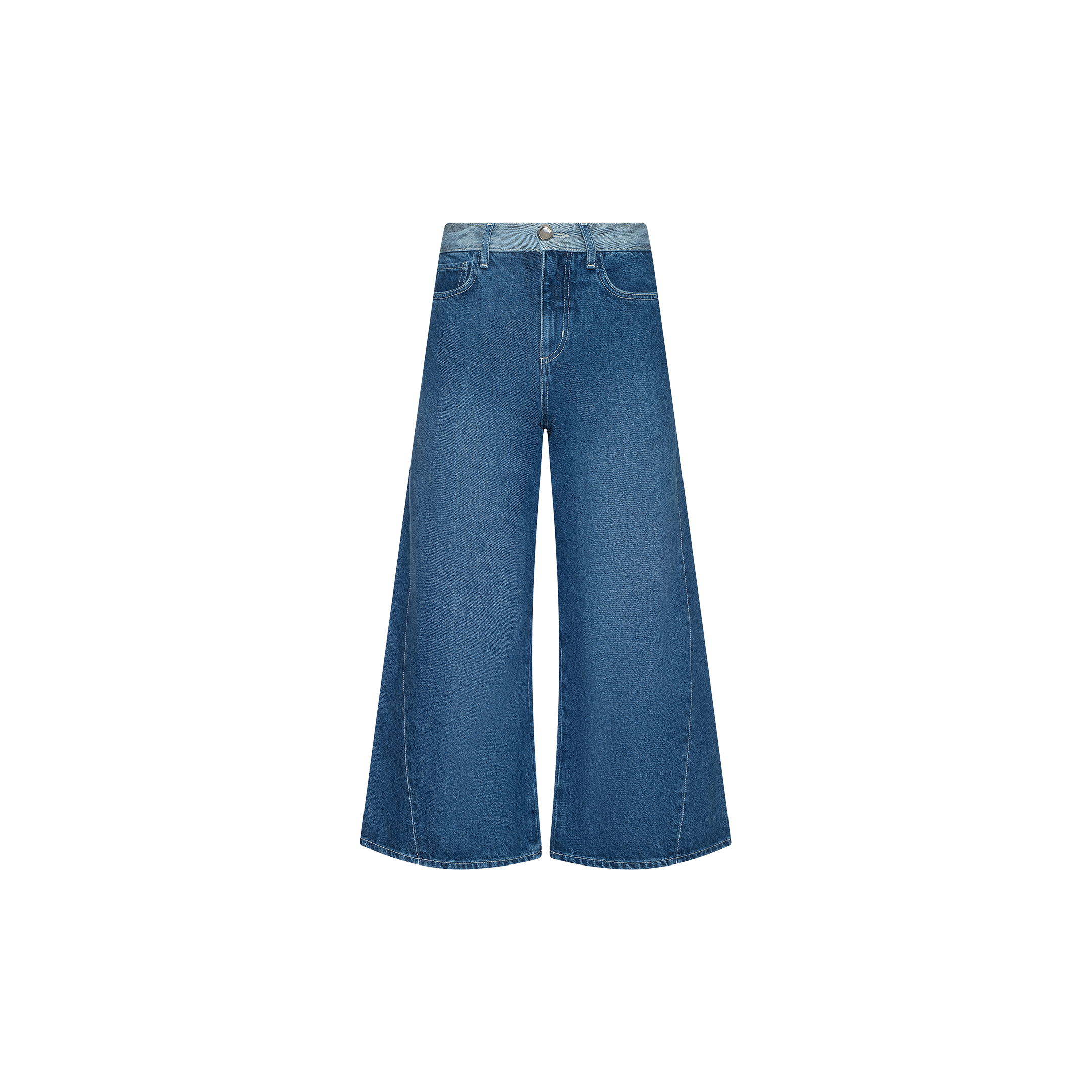 The Bronte Cropped Wide-Leg Jean features a high waistband, flared legs, front pockets, a button closure, and visible stitching in blue denim, shown against a plain white background.