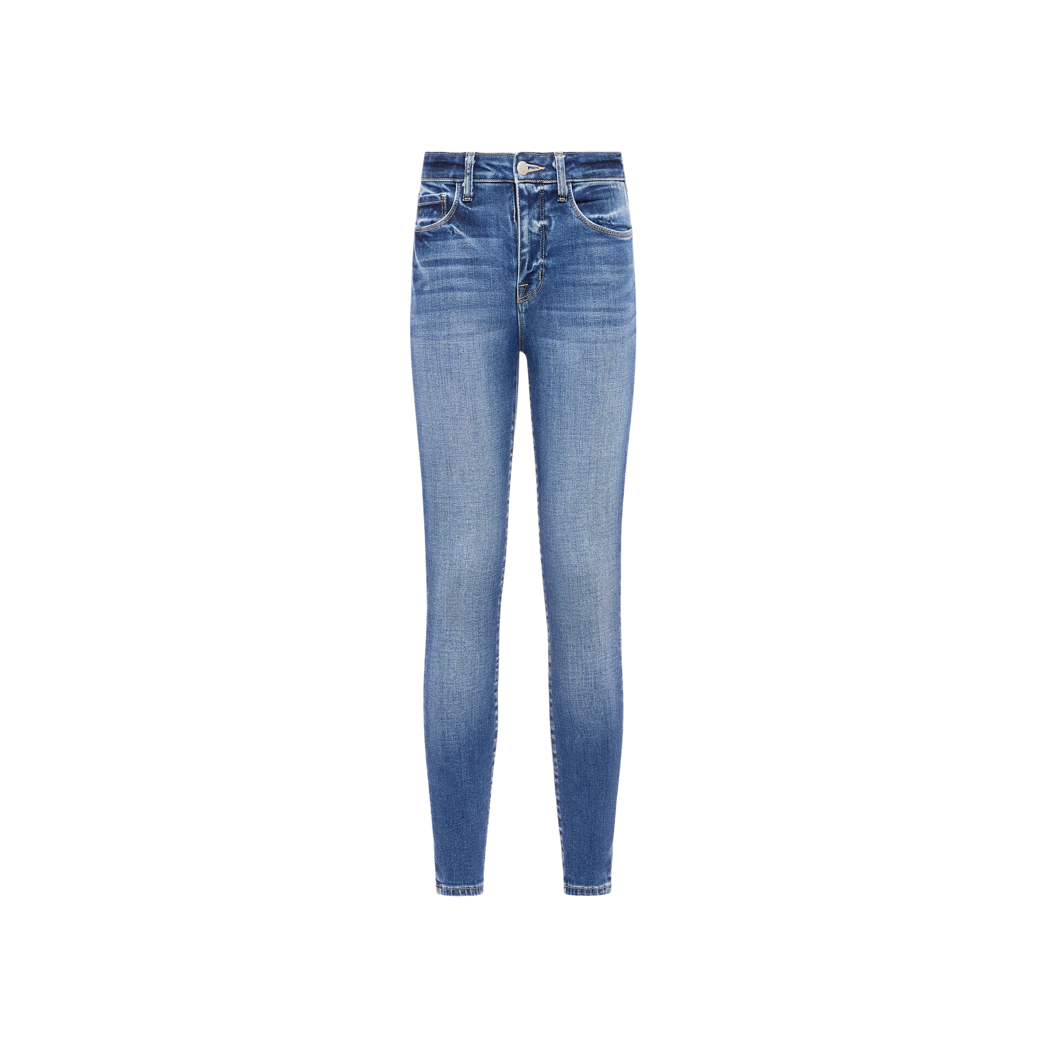The Margot Cropped Skinny Jean is a pair of blue high-rise skinny jeans featuring a flattering high waist and subtle front fading, crafted from premium stretch denim made with sustainable recycled fiber, displayed against a plain white background.