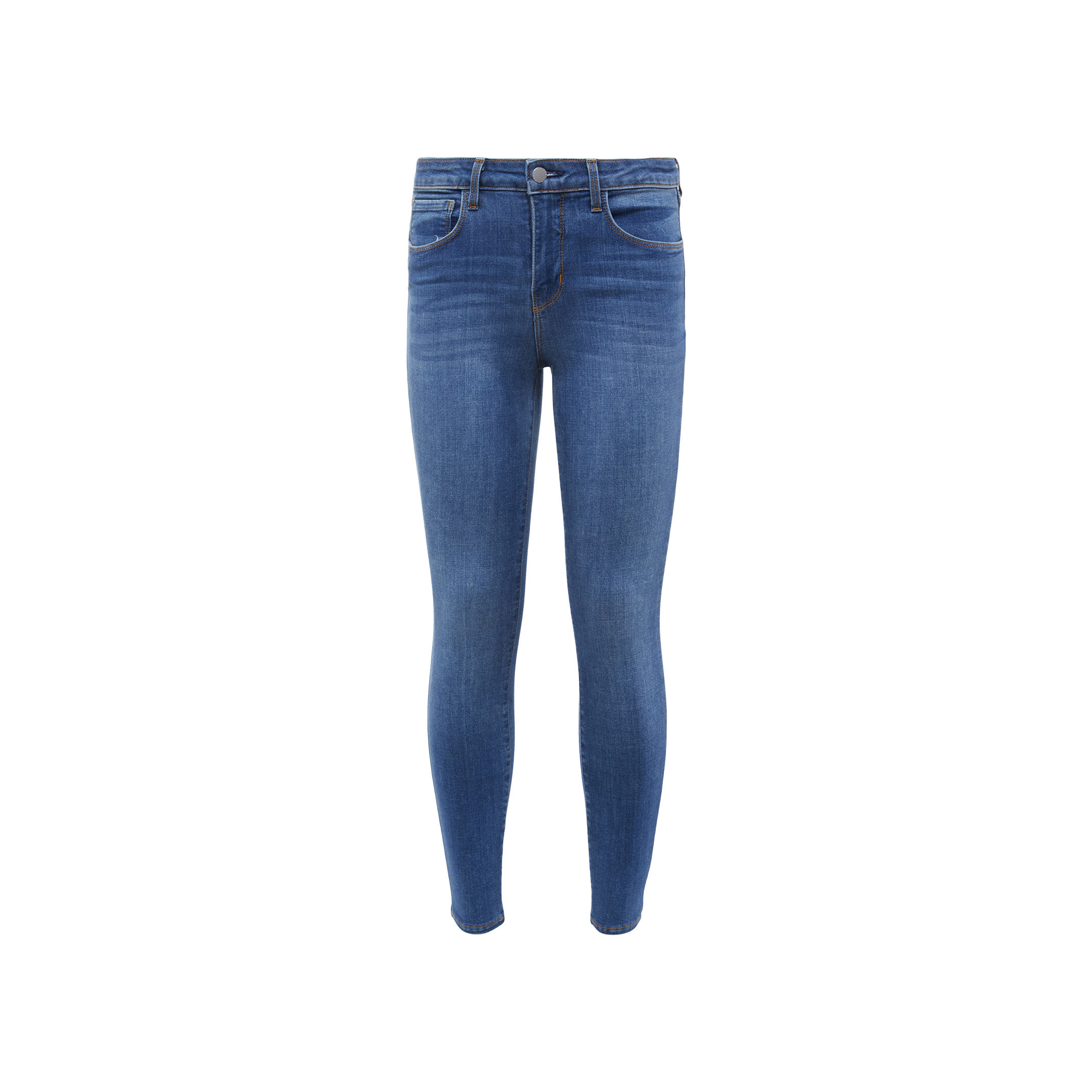 A pair of Margot Cropped Skinny Jeans in blue, crafted from stretch denim with a high-rise fit, featuring a button and zipper closure, front and back pockets, and subtle fading on the thighs, displayed on a plain white background.