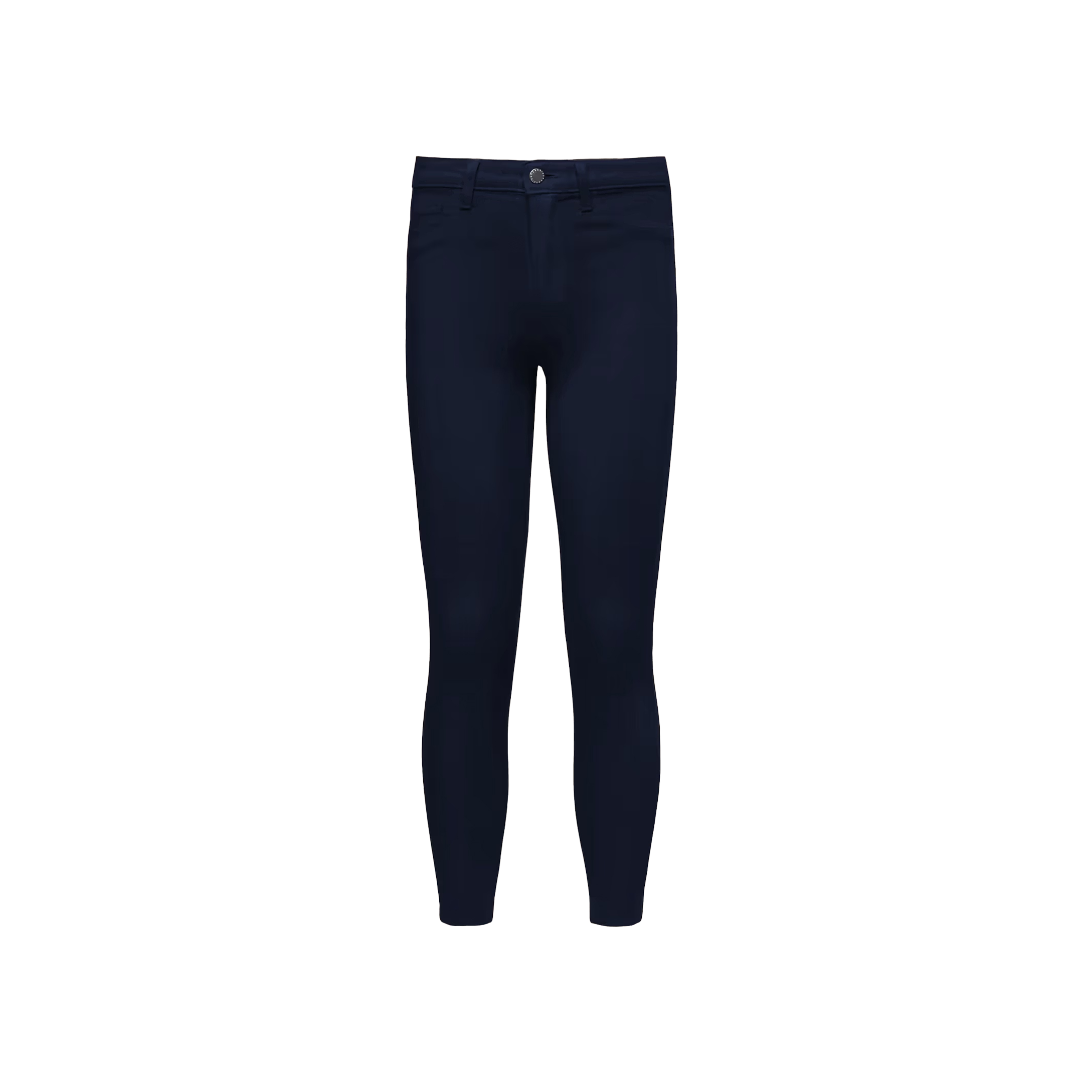 A pair of Margot Coated Cropped Skinny Jeans displayed on a plain white background. Crafted from premium stretch denim, these jeans feature a button and zip closure, belt loops, contoured waistband, and front and back pockets with a tapered leg fit.