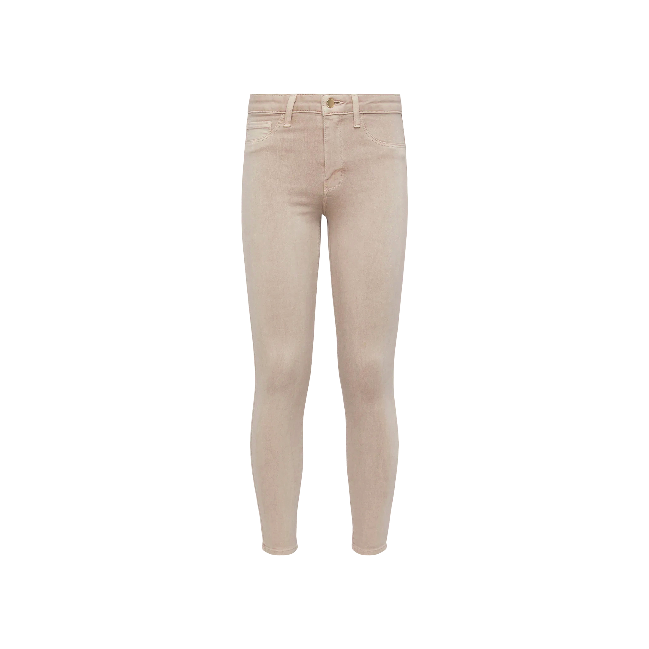 Margot Cropped Skinny Jean in light pink high-rise stretch denim, designed with a contoured waistband, button and zipper closure, and front and back pockets, shown against a plain white background.