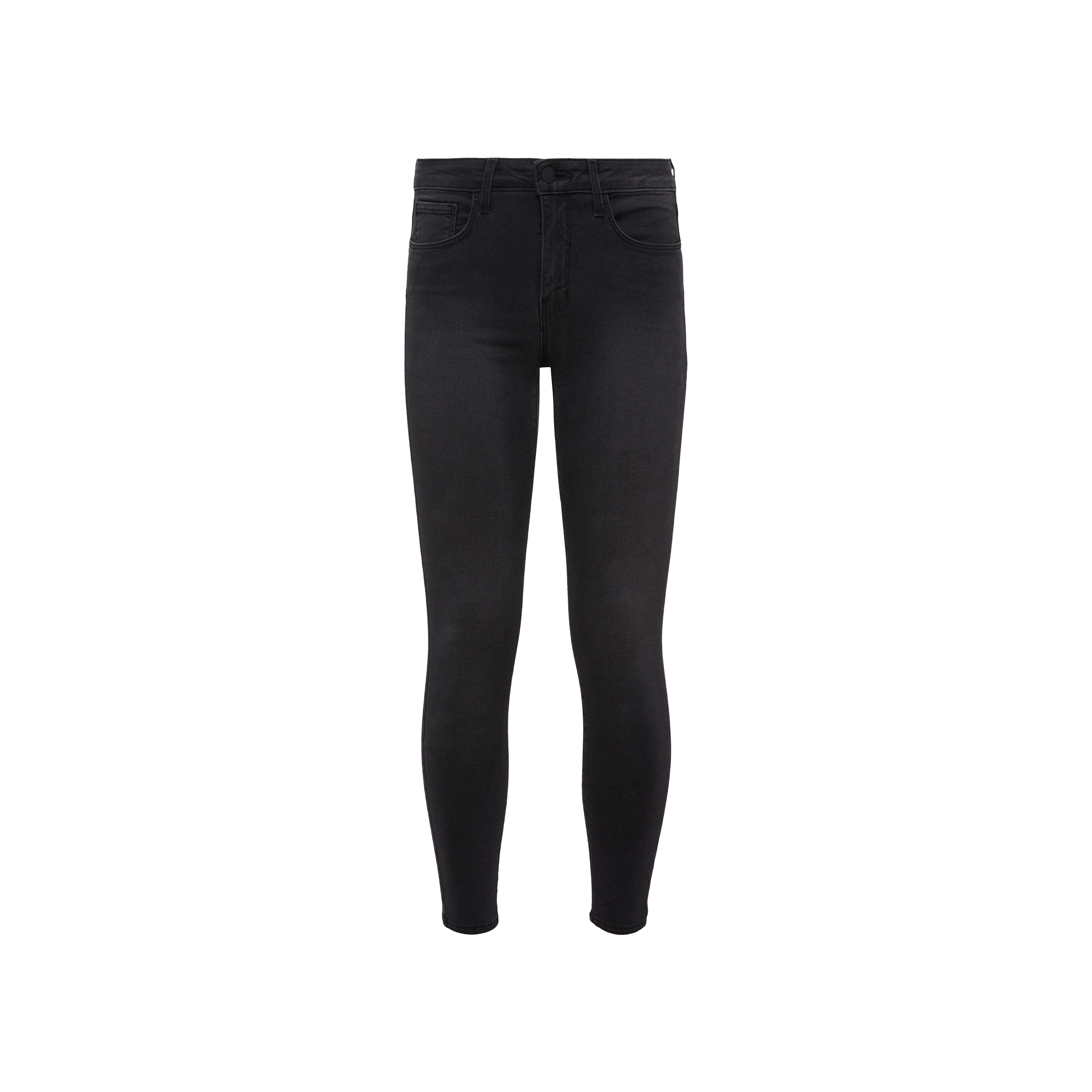The Margot Cropped Skinny Jean is a pair of black high-rise skinny jeans featuring a contoured waistband, front and back pockets, and a classic five-pocket design, crafted from stretch denim and displayed on a plain white background.