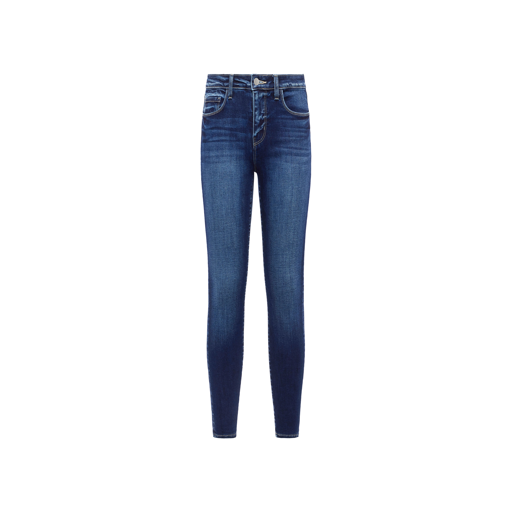 The Margot Cropped Skinny Jean is a pair of high-rise skinny jeans made from premium stretch denim, featuring a button and zipper closure, front and back pockets, and subtle fading on the thighs and knees, displayed against a plain white background.