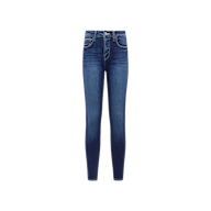 The Margot Cropped Skinny Jean is a pair of high-rise skinny jeans made from premium stretch denim, featuring a button and zipper closure, front and back pockets, and subtle fading on the thighs and knees, displayed against a plain white background.