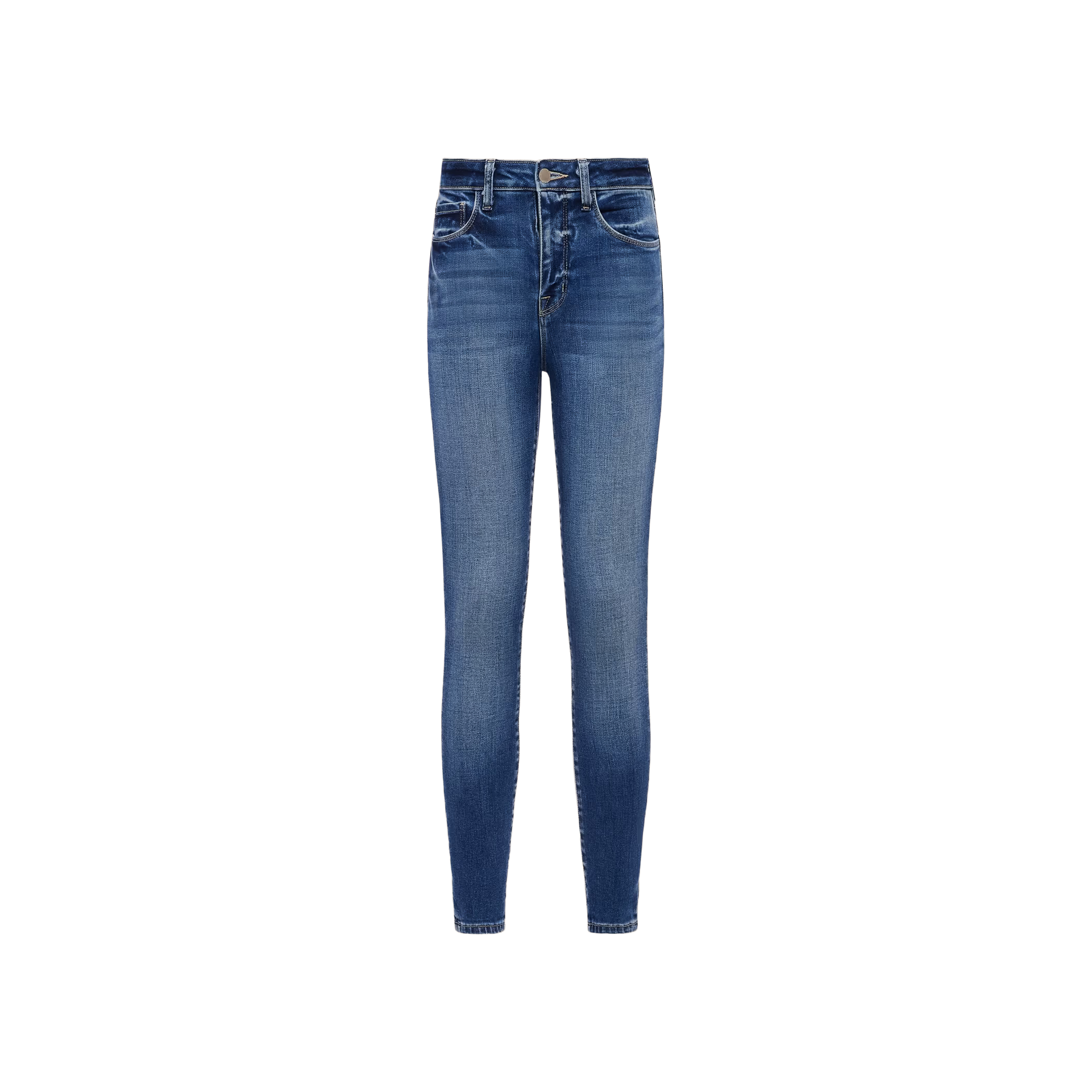 Introducing the Marguerite Skinny Jean: a pair of blue high rise skinny jeans featuring front and back pockets, a faded wash effect, and crafted from stretch denim, displayed on a plain white background.