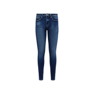 Marguerite Skinny Jean in blue, showcased against a plain white background. This high-rise skinny jean features front and back pockets, a button and zipper closure, and faded detailing on the thighs and knees. Crafted from premium stretch denim for enhanced comfort and flexibility.