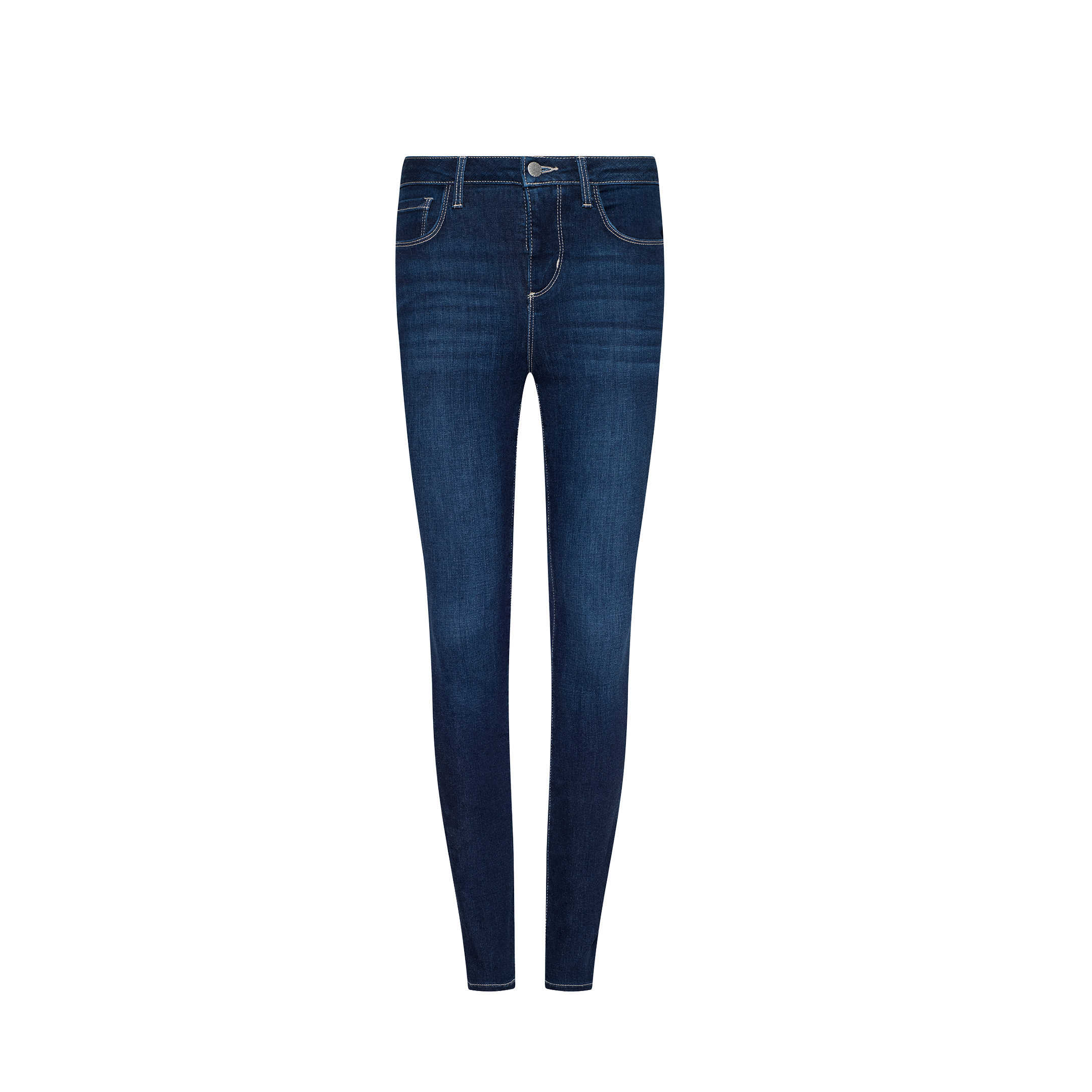 Dark blue skinny jeans with front and back pockets, a button and zipper closure, and contrast stitching, presented against a plain white background.