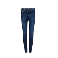 Dark blue skinny jeans with front and back pockets, a button and zipper closure, and contrast stitching, presented against a plain white background.