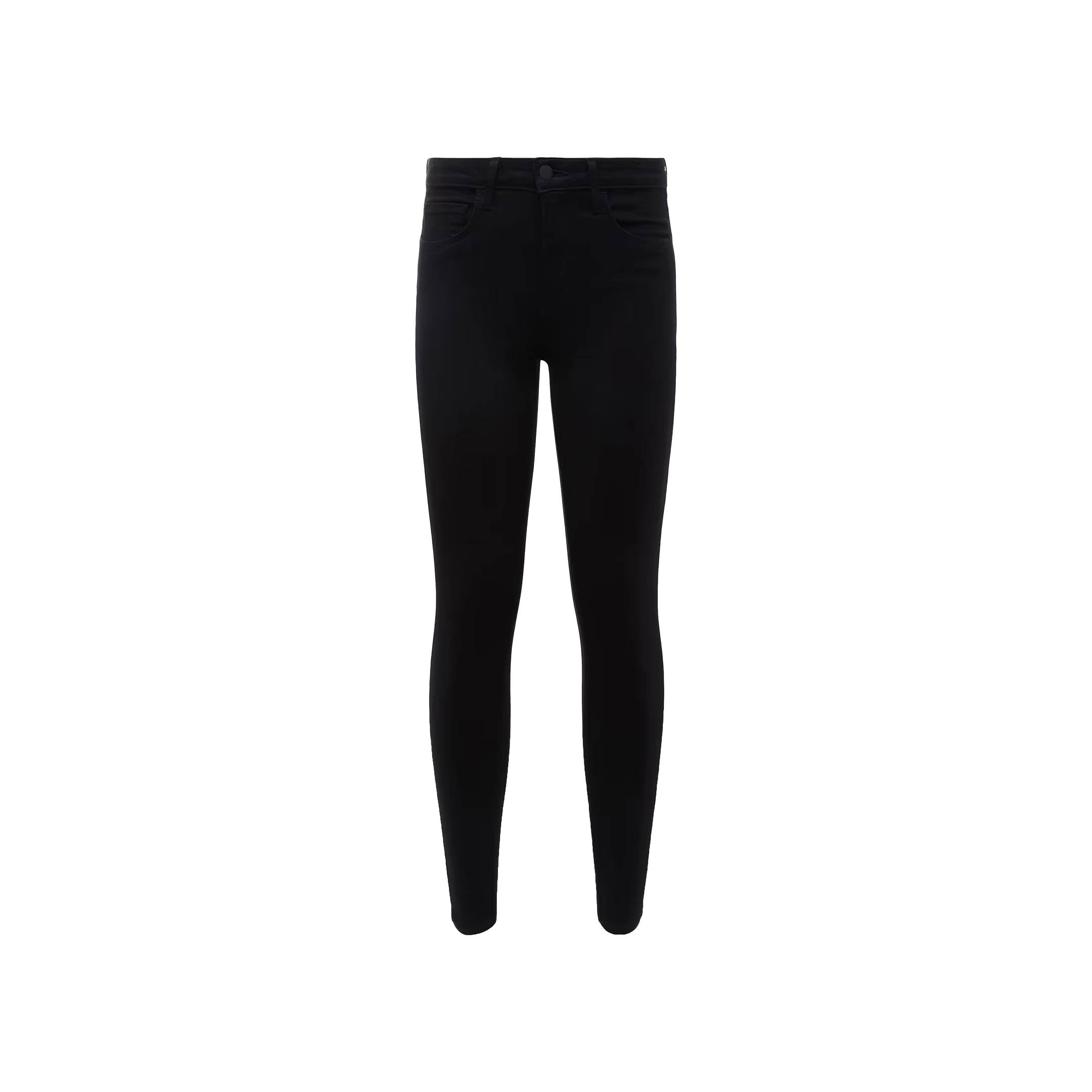 The Marguerite Skinny Jean, crafted from high-recovery fabric, features a high waist, front button, and pockets. Displayed against a plain white background, this pair comes in classic black with a sleek skinny fit.