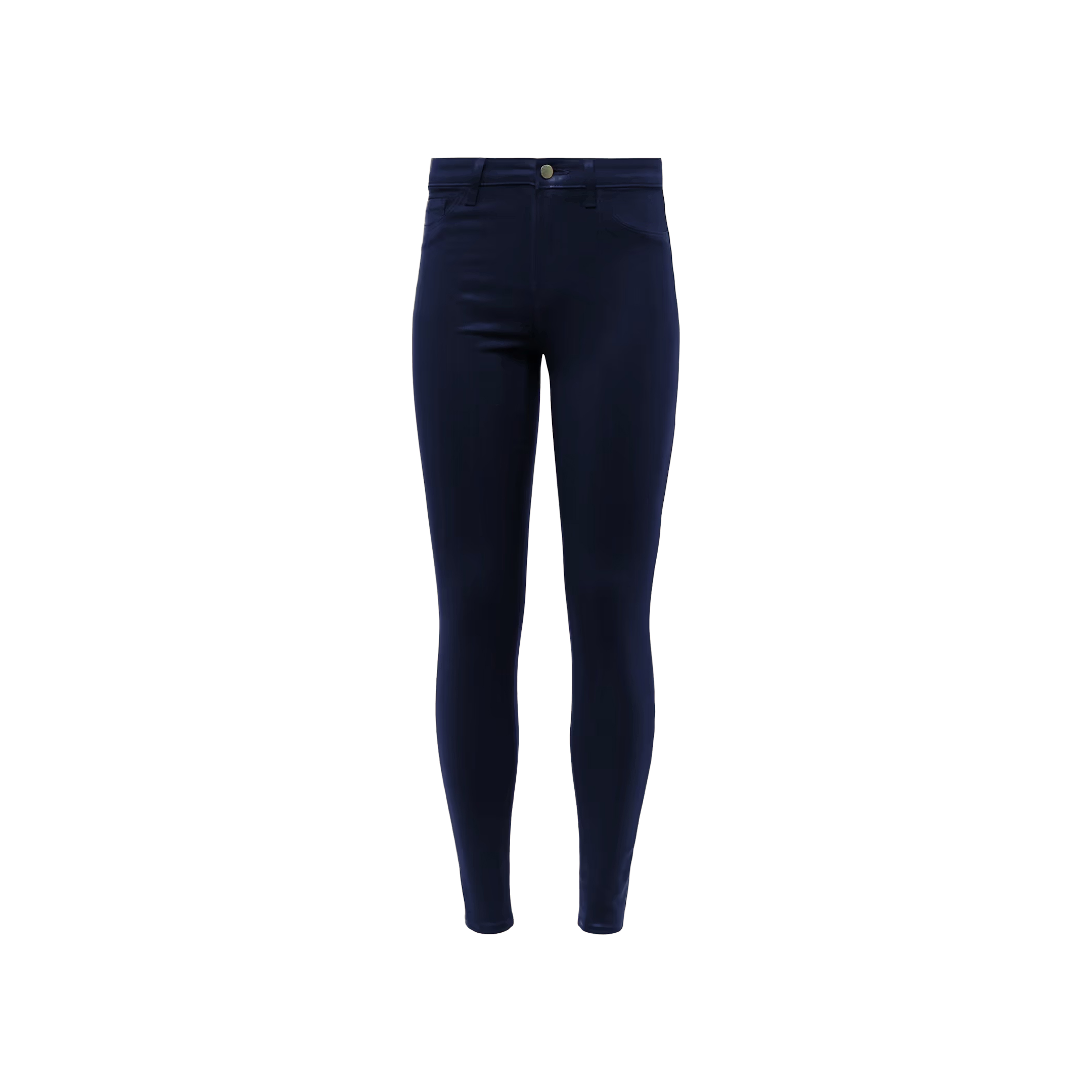 A pair of Marguerite Coated Skinny Jeans in dark blue, featuring a high-waisted fit and tapered leg crafted from premium stretch denim, displayed on a plain white background.