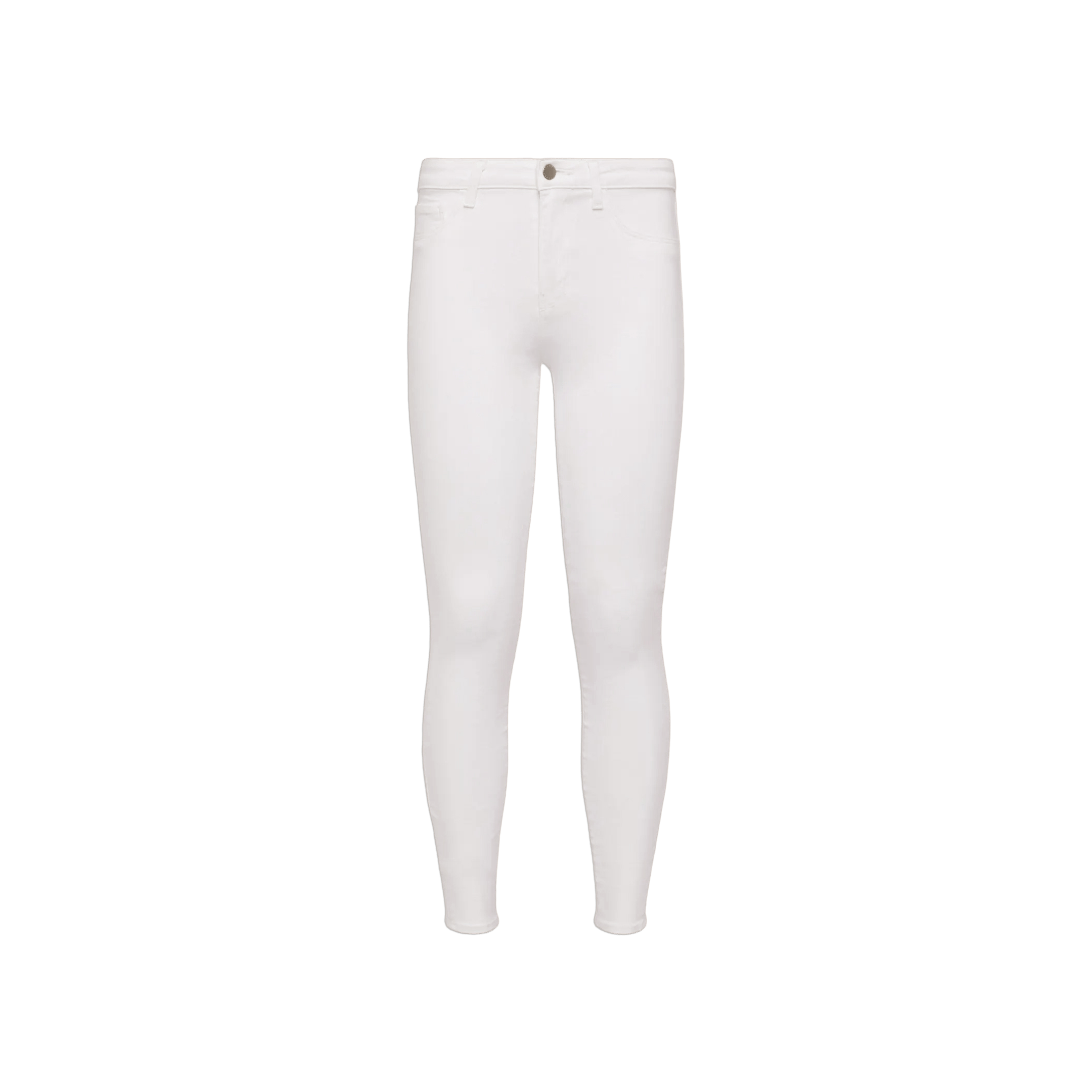 The Marguerite Skinny Jean is shown from the front against a plain white background. These white skinny jeans feature a button and zipper closure, two front pockets, and two back pockets. Crafted from high-recovery fabric, the Marguerite Skinny Jean offers lasting comfort and a sleek fit.