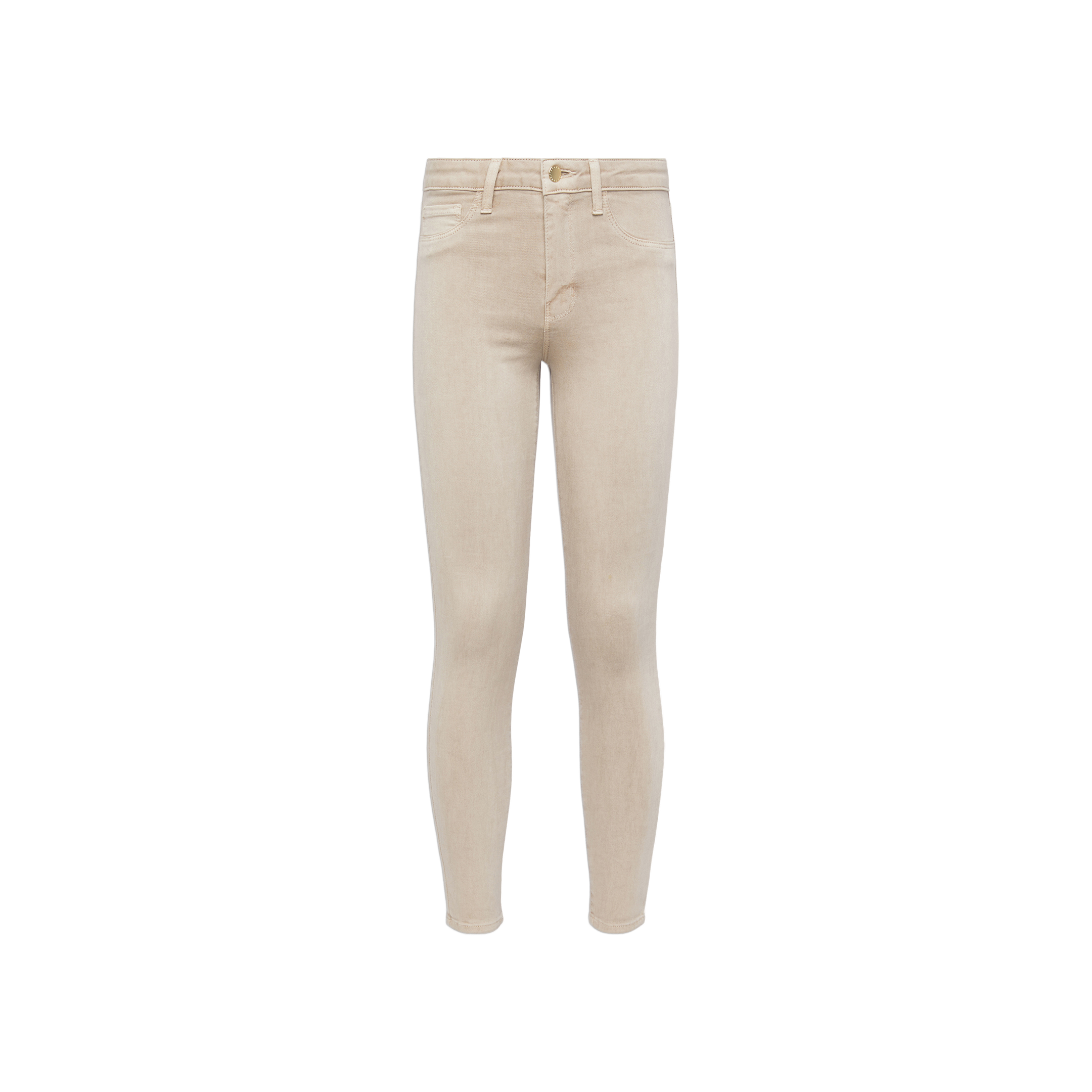 The Marguerite Skinny Jean is displayed on a plain white background, shown from the front to highlight its pockets, belt loops, and button closure. Made from high-recovery fabric, these beige jeans feature a tapered leg for a sleek silhouette.