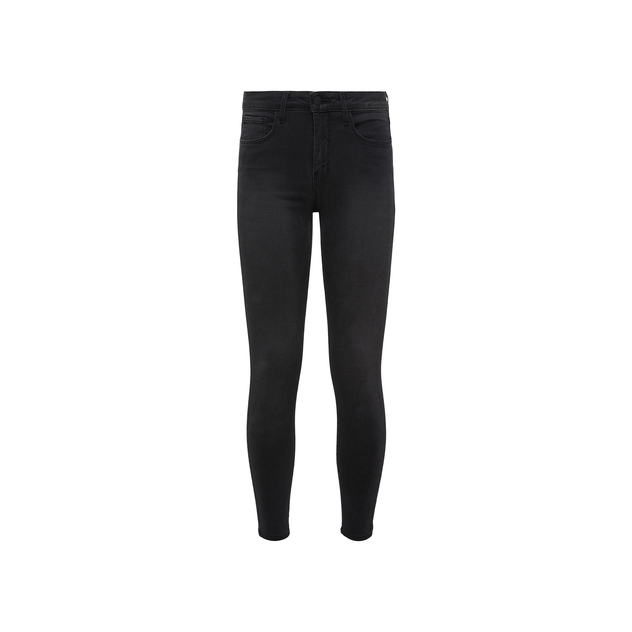 The Marguerite Skinny Jean, a pair of high-waisted black skinny jeans made from high-recovery fabric, is displayed on a plain white background. These jeans feature front and back pockets in a classic five-pocket design.