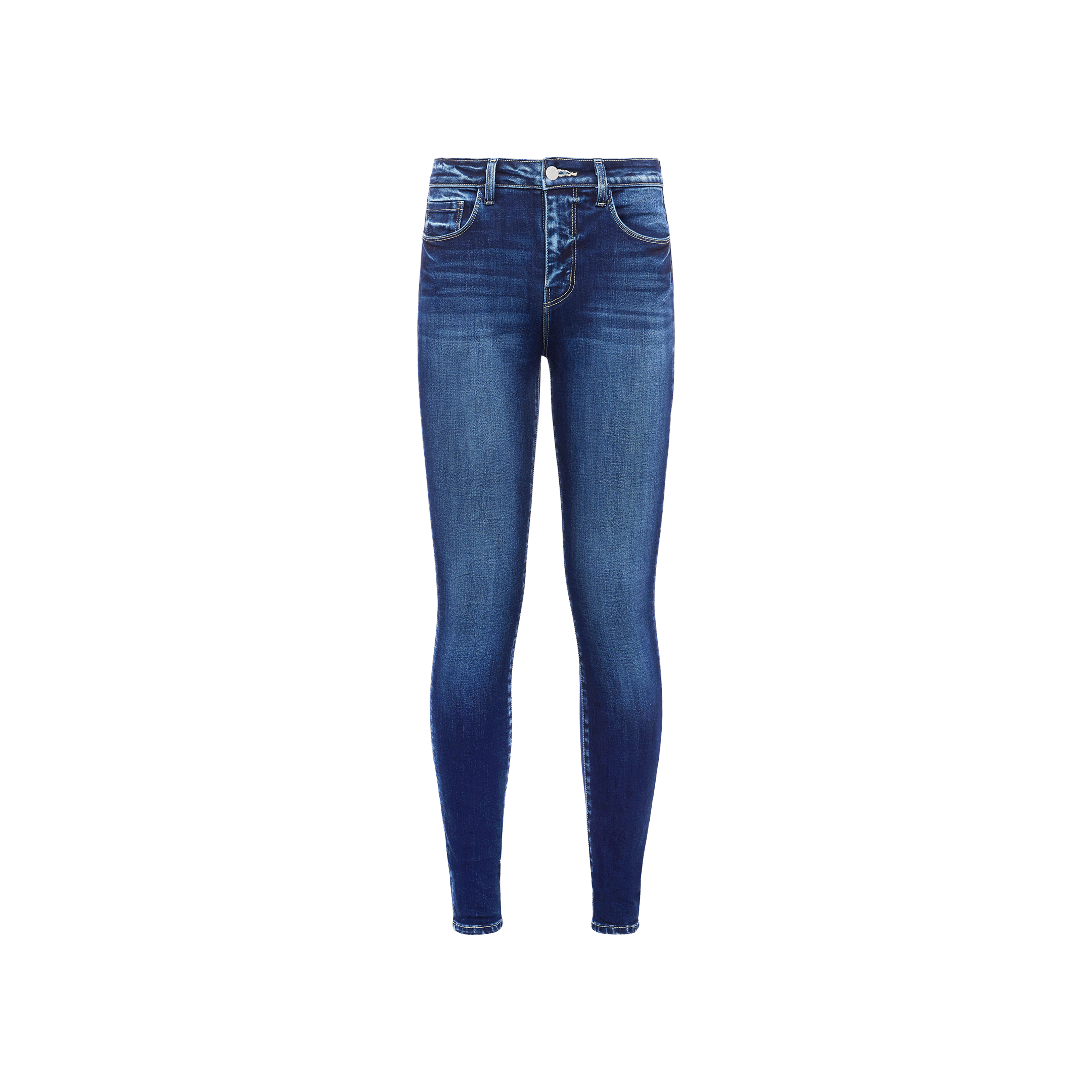 The Marguerite Skinny Jean is a pair of blue high-rise skinny jeans crafted from premium stretch denim, featuring a high waist, front zipper, button closure, and front and back pockets, displayed on a plain white background.