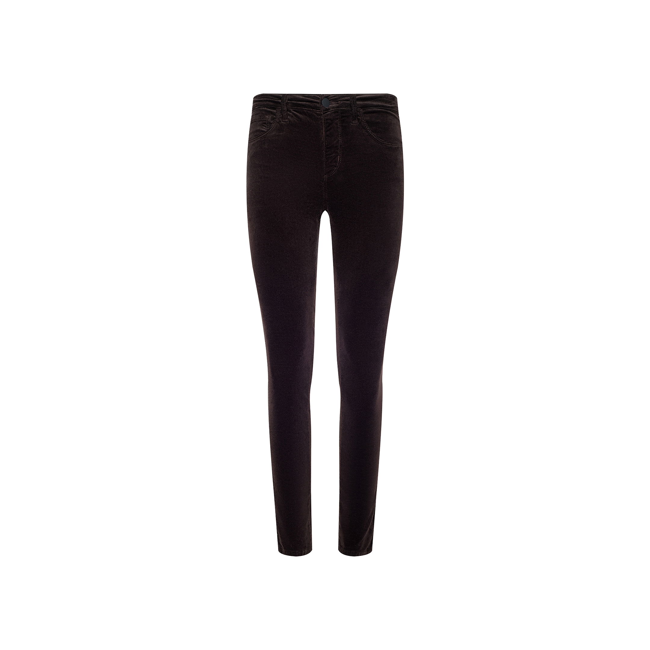 Introducing the Marguerite Velvet Skinny Jean—black, slim-fit velvet pants with a high rise and a classic five-pocket design. Featuring both button and zipper closure, these stylish skinny jeans are displayed on a white background and provide a modern, flattering silhouette.
