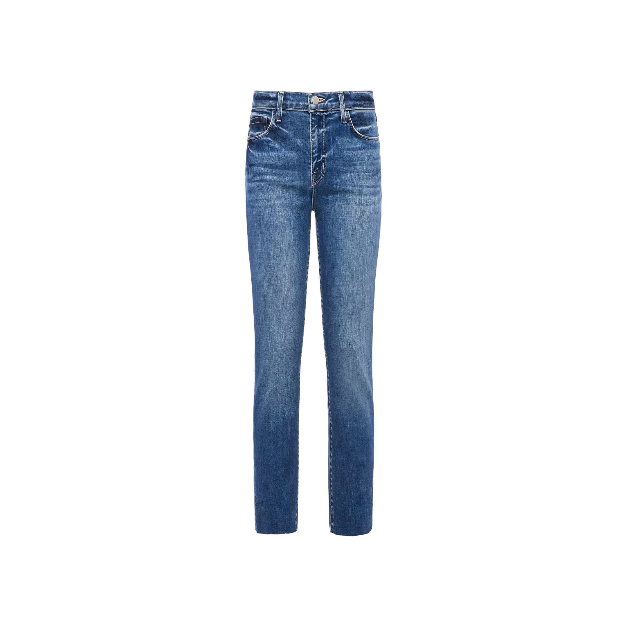 The Sada Slim-Leg Cropped Jean features a classic five-pocket design, button and zip closure, and a slim straight leg cut crafted from premium stretch denim in blue, shown against a plain white background.