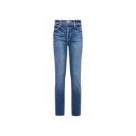 The Sada Slim-Leg Cropped Jean features a classic five-pocket design, button and zip closure, and a slim straight leg cut crafted from premium stretch denim in blue, shown against a plain white background.