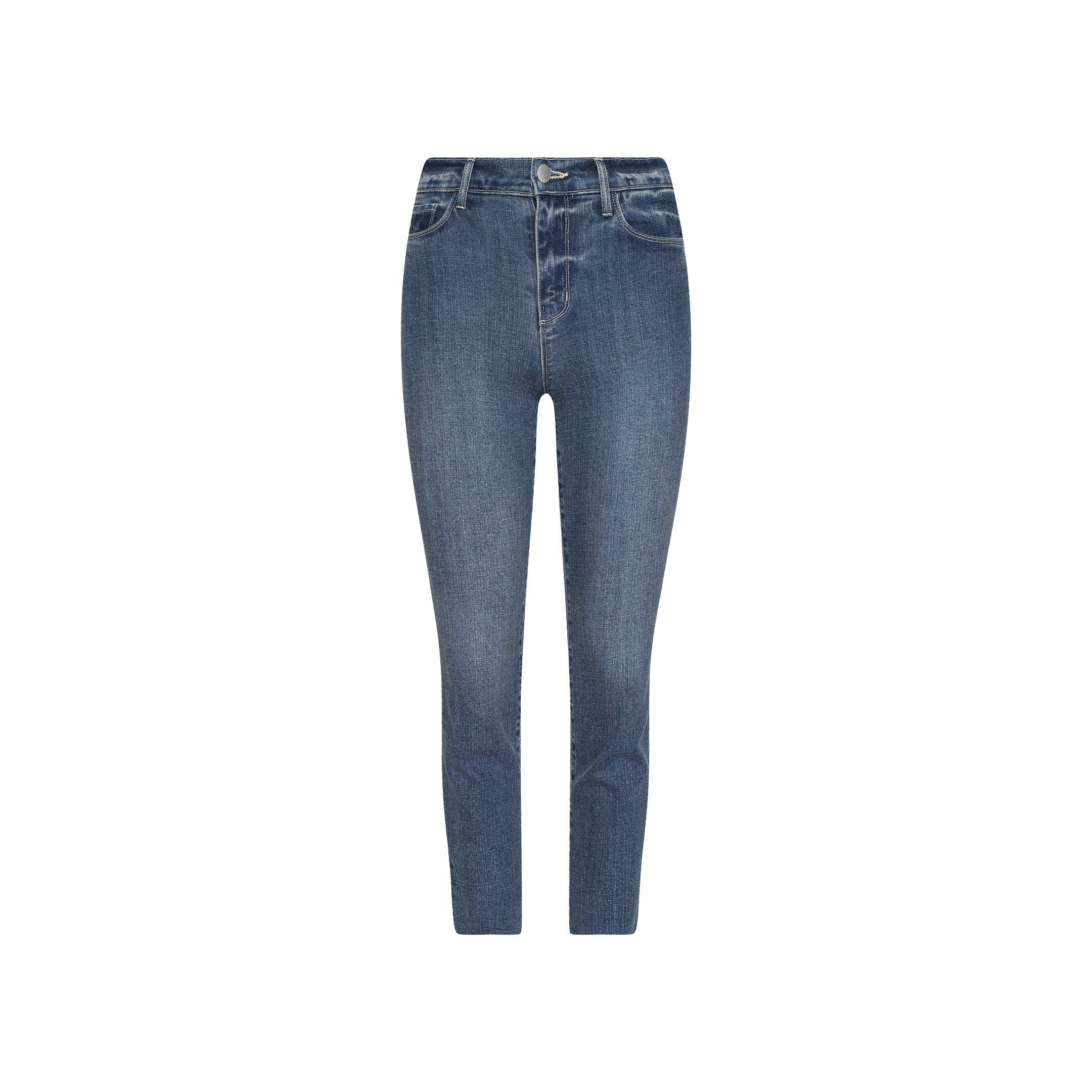 The Sada Cropped Slim-Leg Jean is shown from the front, featuring a button and zipper closure, classic five-pocket design, and a slightly faded wash. The jeans are displayed against a plain white background.