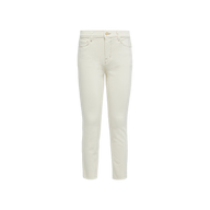 Sada Slim-Leg Cropped Jean: High-rise, off-white jeans featuring a slim straight leg, cropped length, front and back pockets, belt loops, and a button closure. Crafted from premium stretch denim and displayed against a plain white background.