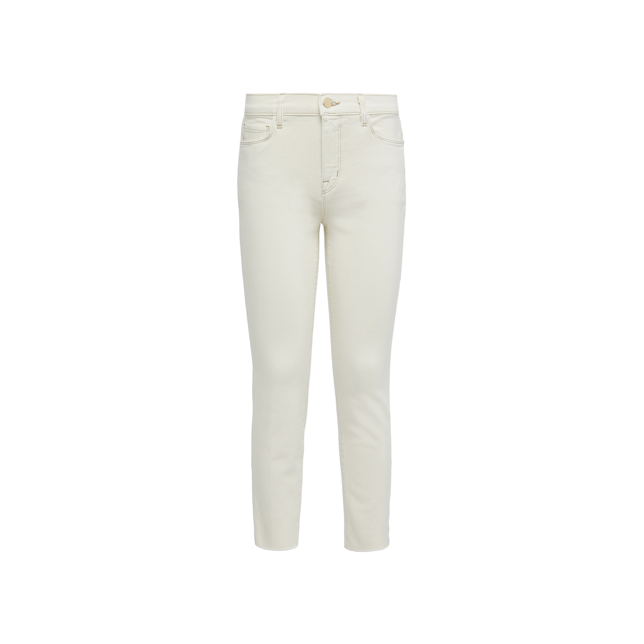 Sada Slim-Leg Cropped Jean: High-rise, off-white jeans featuring a slim straight leg, cropped length, front and back pockets, belt loops, and a button closure. Crafted from premium stretch denim and displayed against a plain white background.
