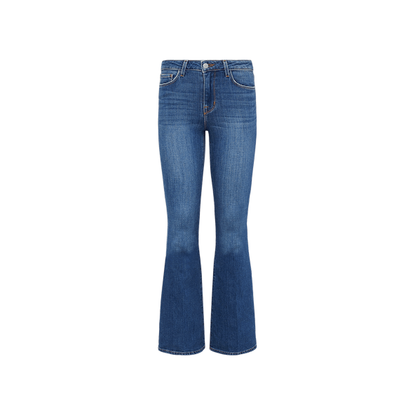The Bell Flare Jean is a pair of vintage-inspired blue denim bootcut jeans, featuring a button and zipper closure, front and back pockets, and crafted from premium stretch denim, displayed on a white background.