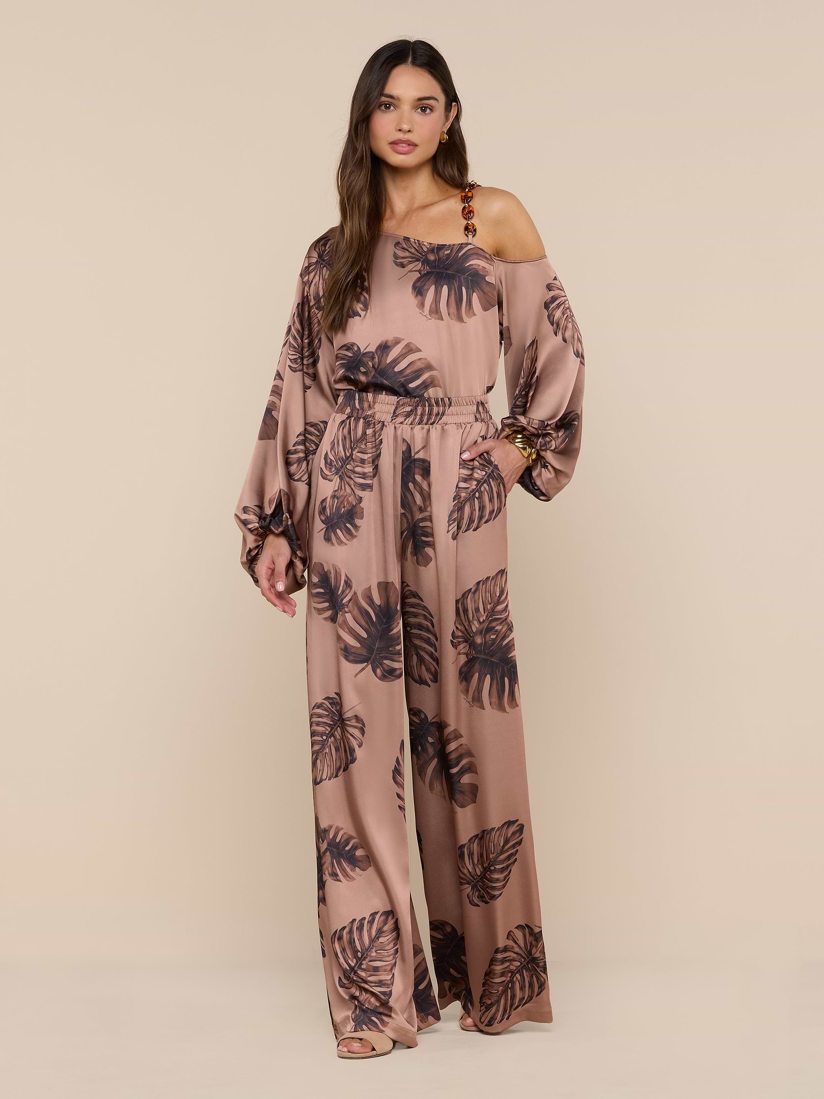 Lillian Satin Pant in Hazelnut Multi Large Palm | L'AGENCE