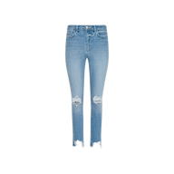High Line Distressed Skinny Jean in a light blue vintage wash, featuring skinny fit, distressed rips at the knees, and frayed hems, photographed against a plain white background.