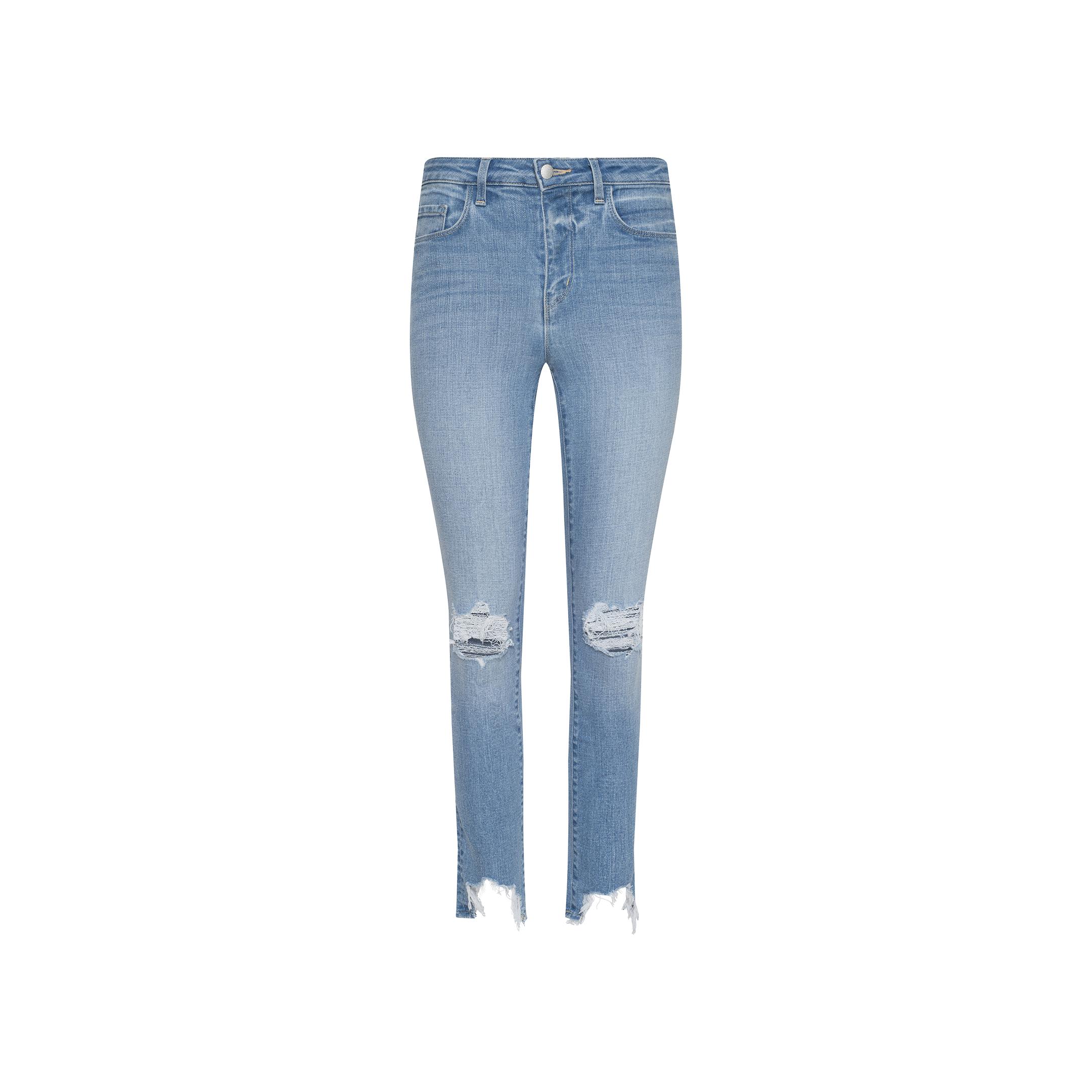 High Line Distressed Skinny Jean in a light blue vintage wash, featuring skinny fit, distressed rips at the knees, and frayed hems, photographed against a plain white background.