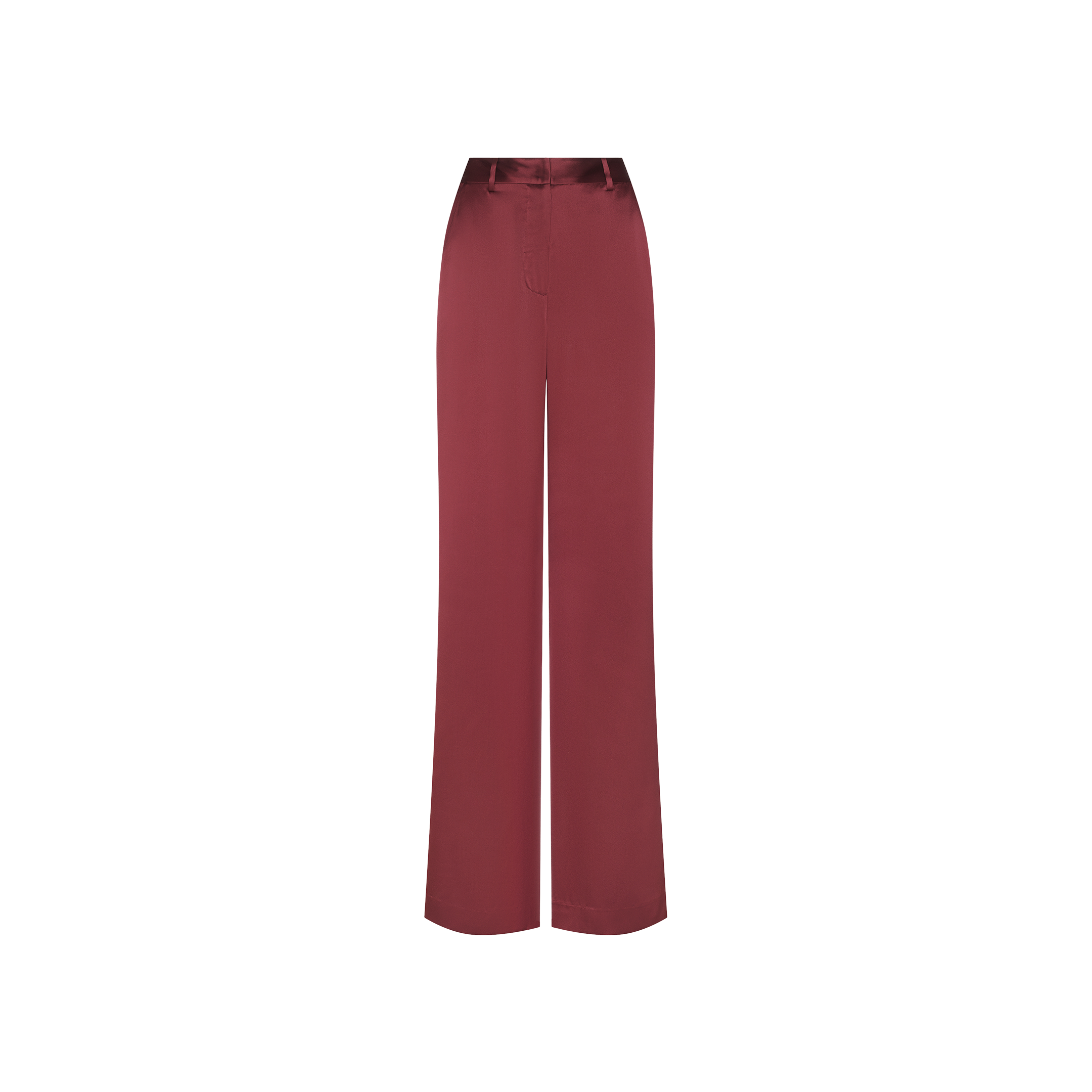 The Pilar Silk Wide-Leg Pant, designed in a deep burgundy hue with a high-rise and wide-leg silhouette, is shown against a plain white background.