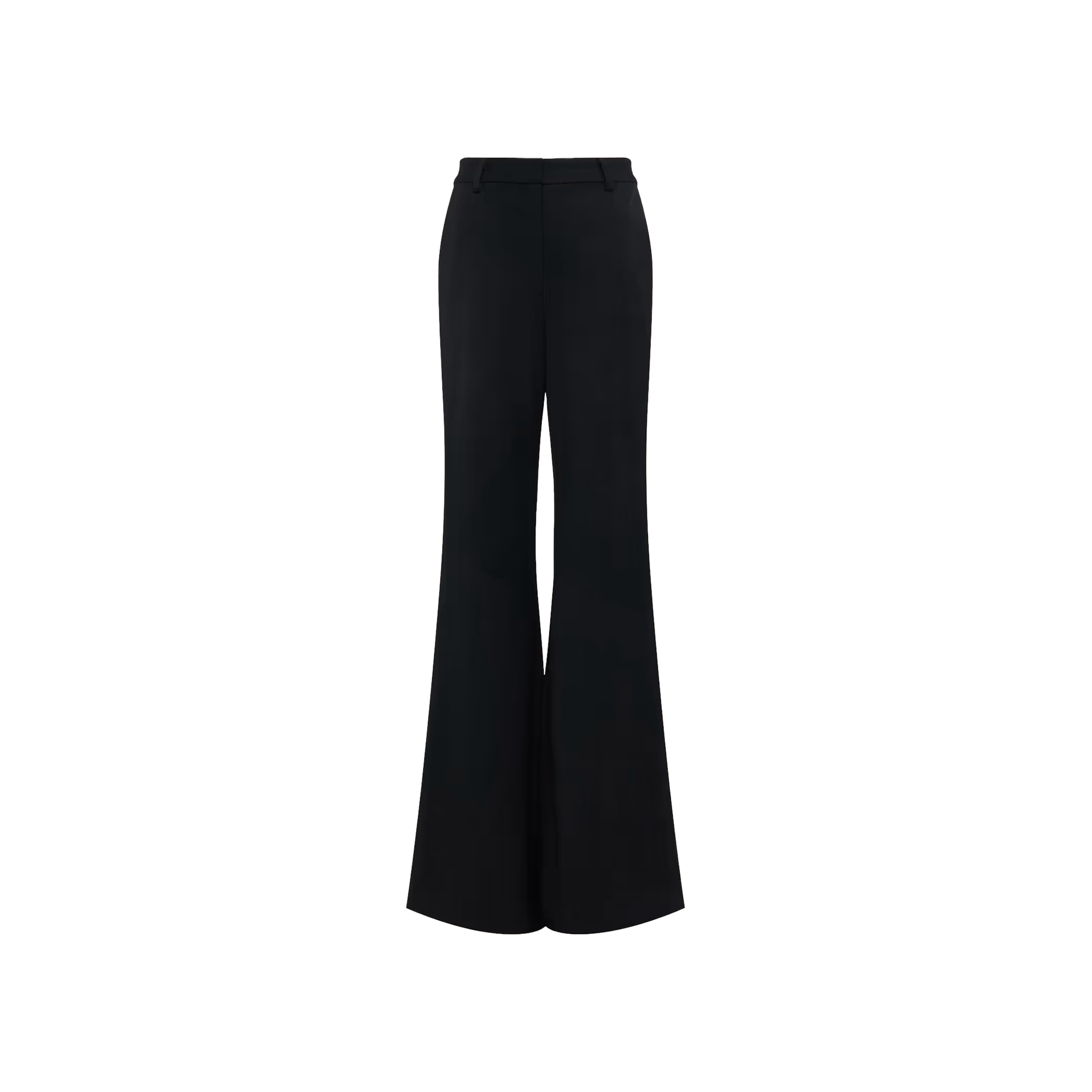 The Pilar Wide-Leg Pant is a black, high-waisted women’s trouser with a tailored fit through the waist and hips that flares dramatically from knee to hem. Displayed against a plain white background, these pants feature a sleek, unembellished design with no visible patterns.
