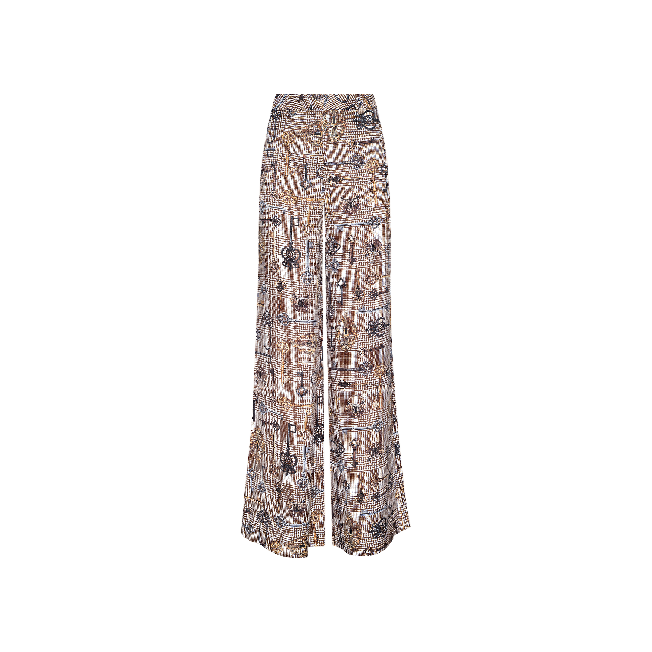 The Pilar Wide-Leg Pant is showcased against a plain white background, featuring a beige and black checkered pattern with abstract and geometric designs throughout its wide-leg silhouette.