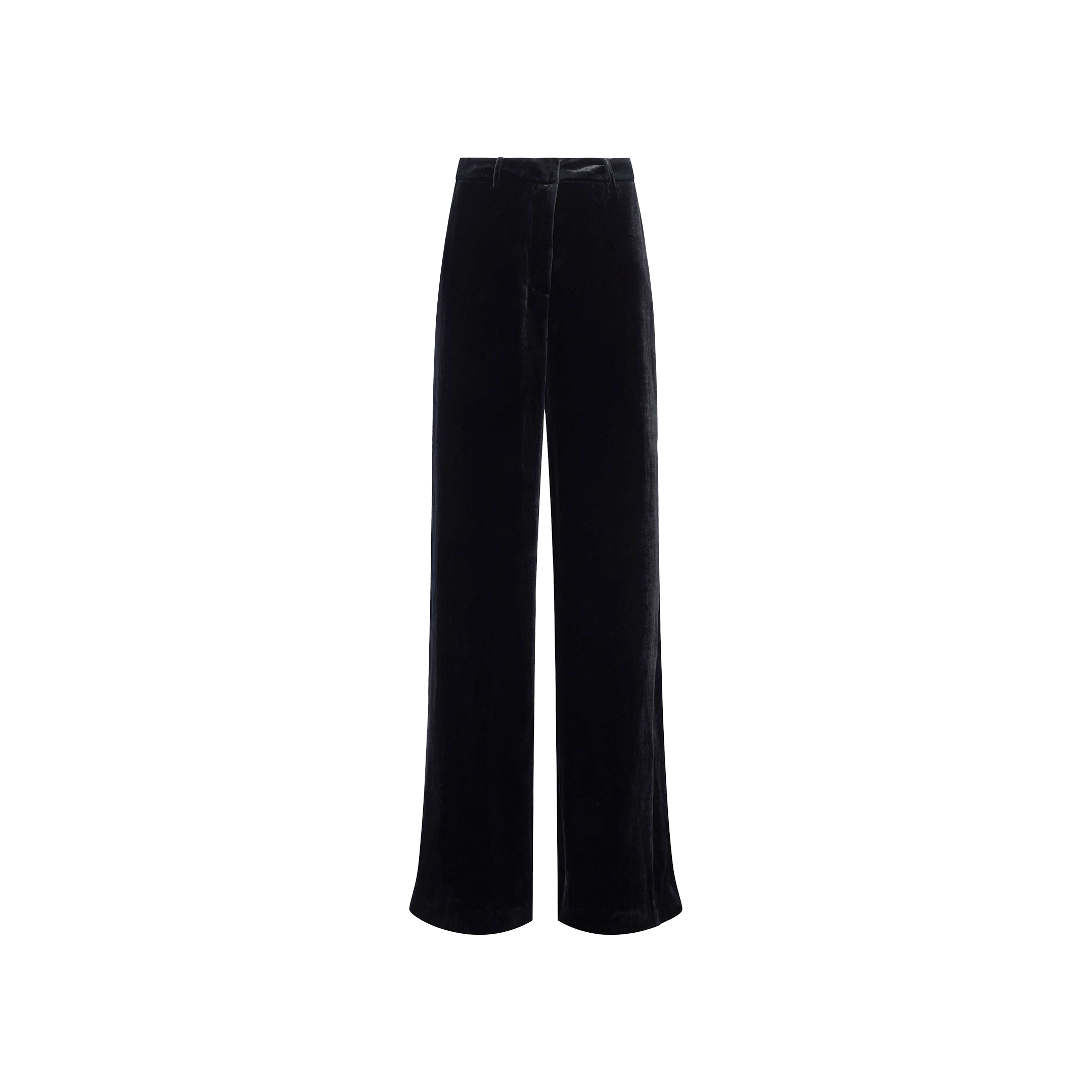 The Pilar Velvet Wide-Leg Pant features a high-rise, wide-leg silhouette with a simple, minimal design, crafted from silk-infused black velvet and showcased against a plain white background.